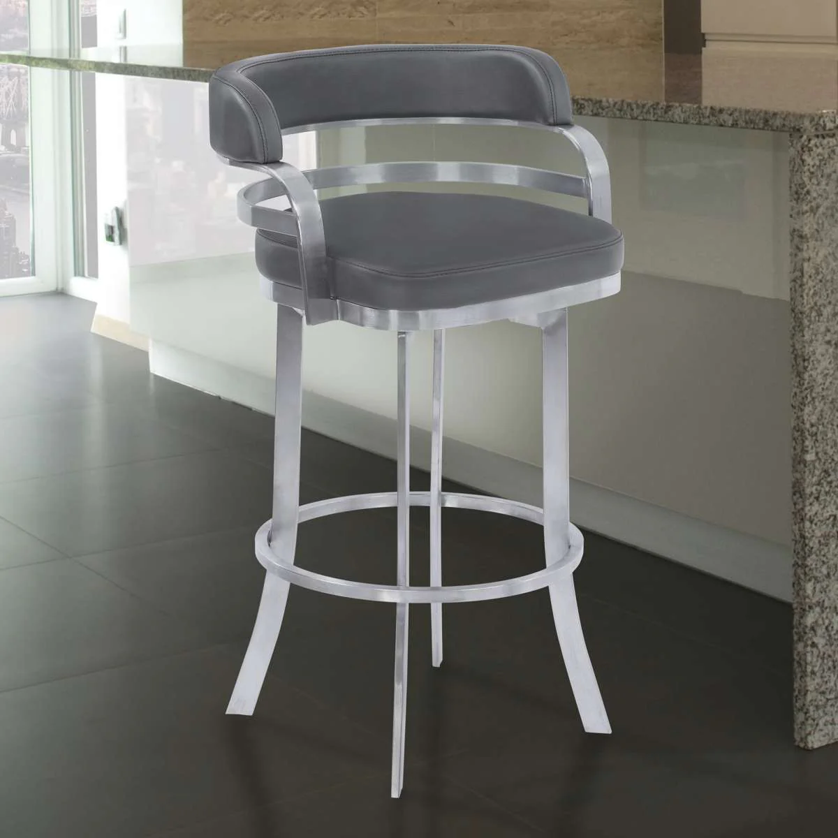 Prinz 26" Counter Height Swivel Grey Faux Leather and Brushed Stainless Steel Bar Stool By Armen Living