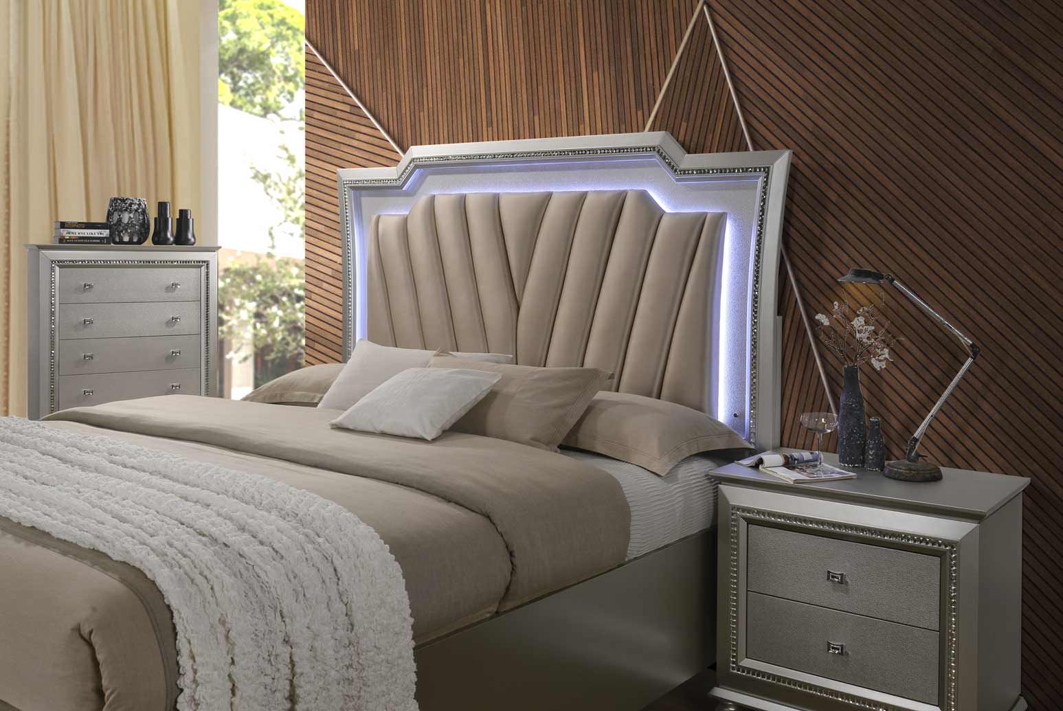 Pu Champagne Wood Upholstered Hb Led Eastern King Bed By Homeroots