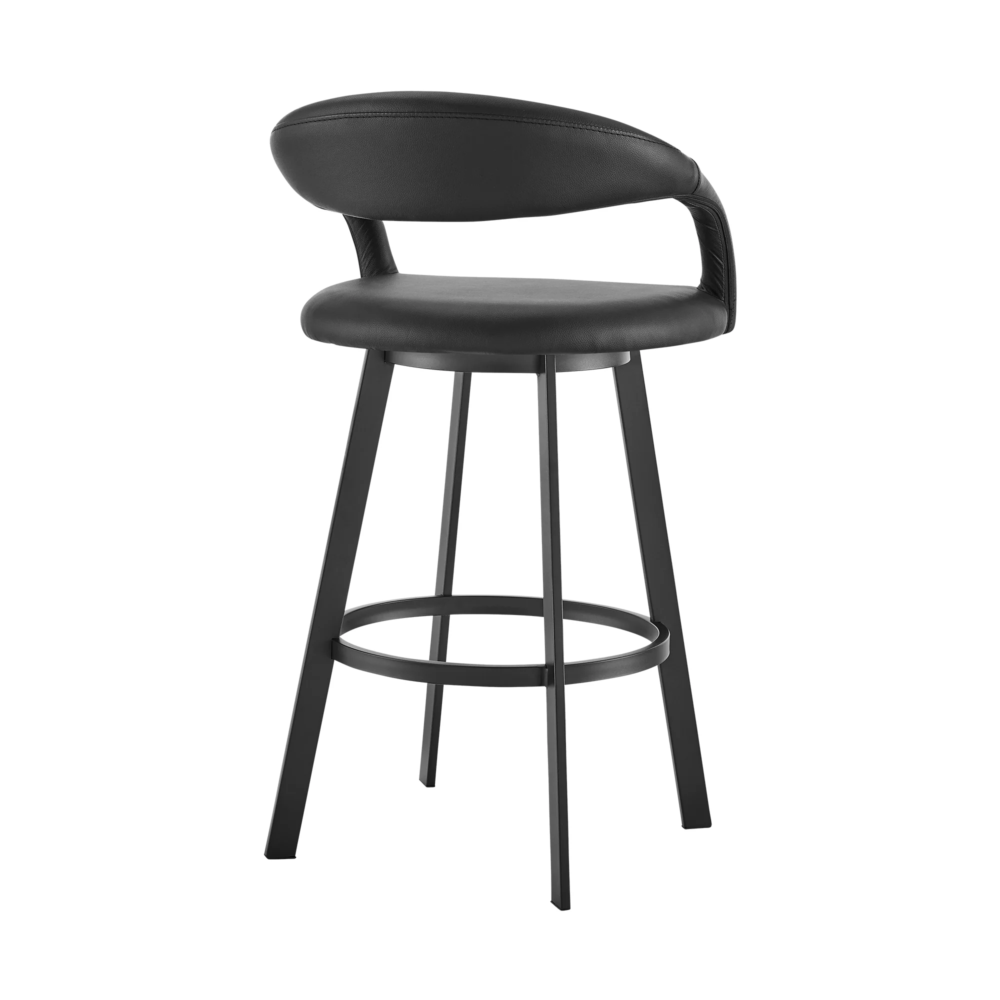 Ramona 30" Swivel Bar Stool with Matte Black Iron and Black Faux Leather By Armen Living - Image 4
