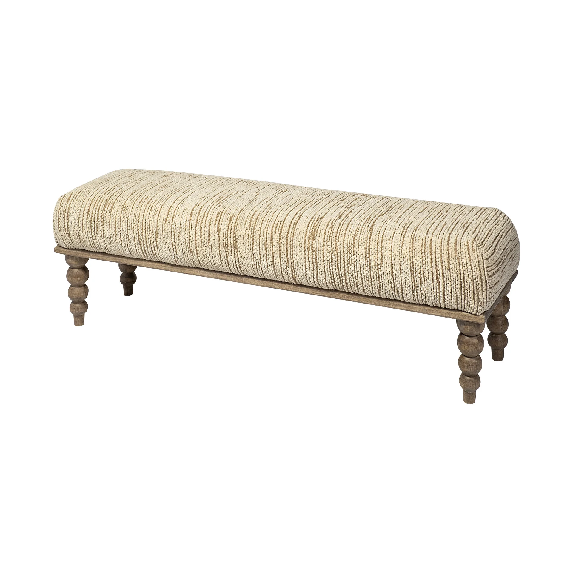 Rectangular Indian Mango WoodNatural-Brown Polished W Upholstered Cream Seat Accent Bench By Homeroots