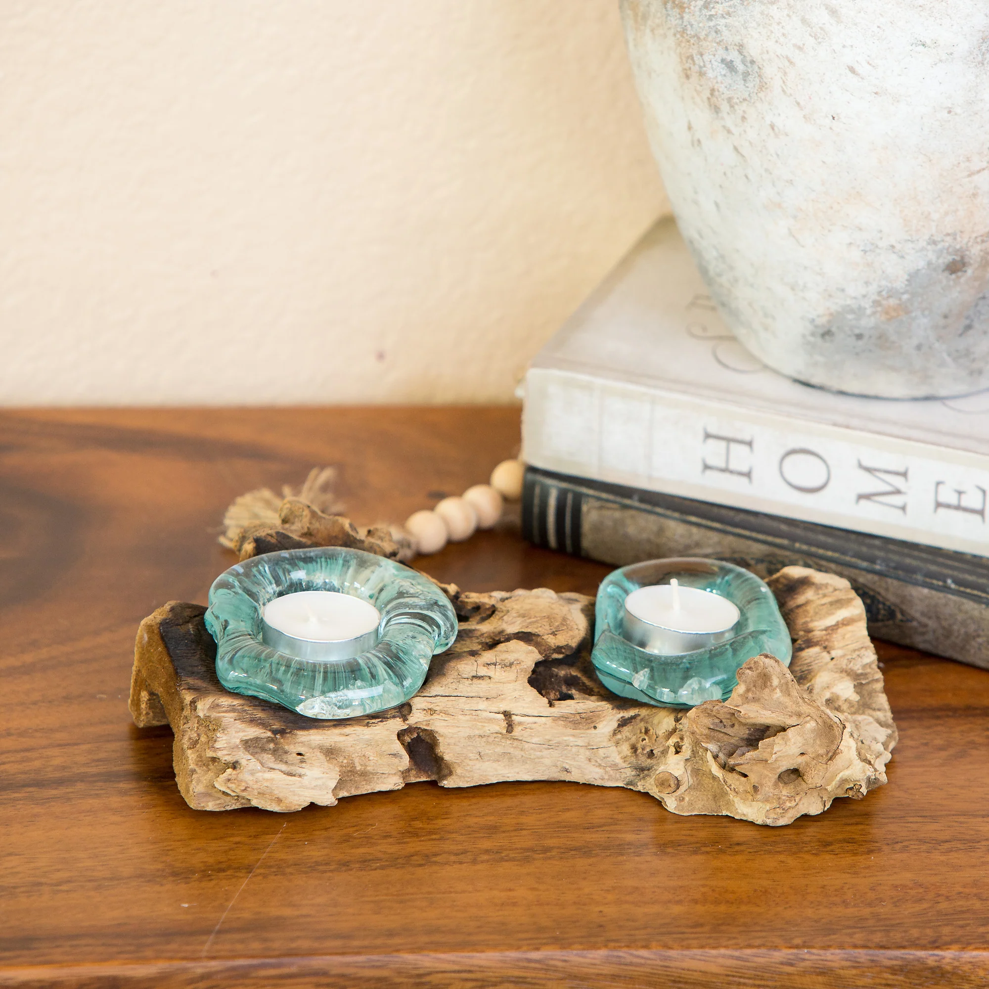 Recycled Glass Candle Holder with Coffee Tree Root - Double Set of 4 By Garden Age Supply - Image 2