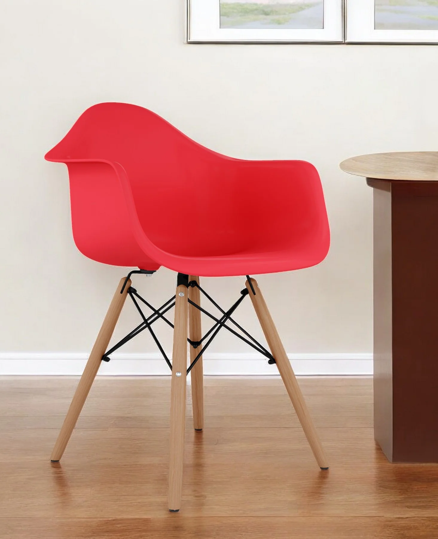 Red And Natural Heavy Duty Plastic And Solid Wood Dining Arm Chair By Homeroots