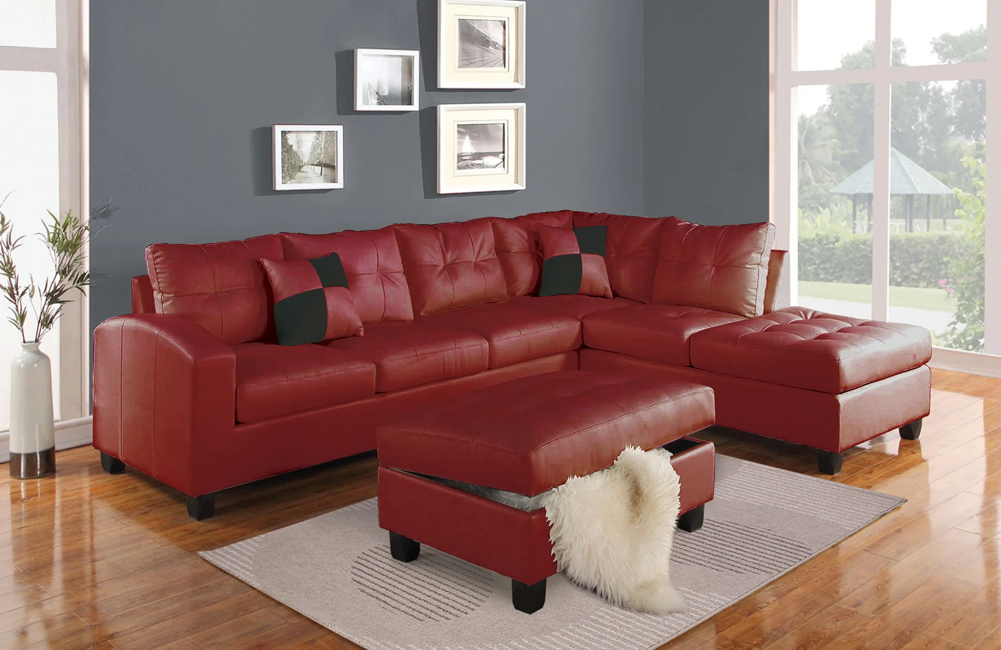 Red Bonded Leather Reversible Sectional Sofa With Pillows By Homeroots