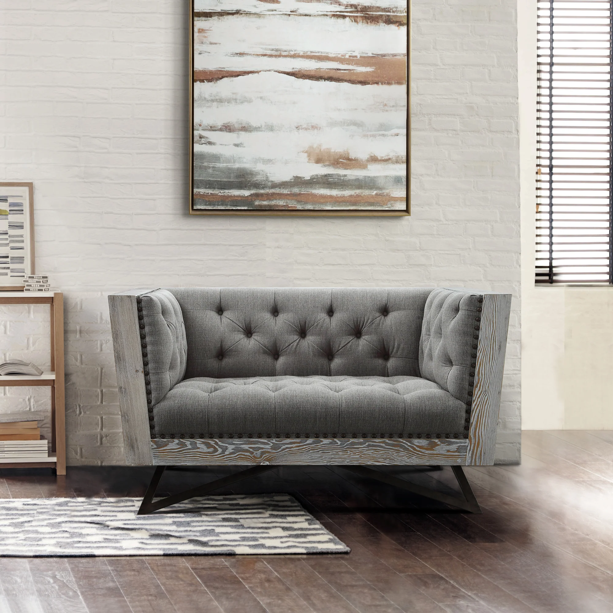 Regis Contemporary Chair in Gray Fabric with Black Metal Finish Legs and Antique Brown Nailhead Accents By Armen Living