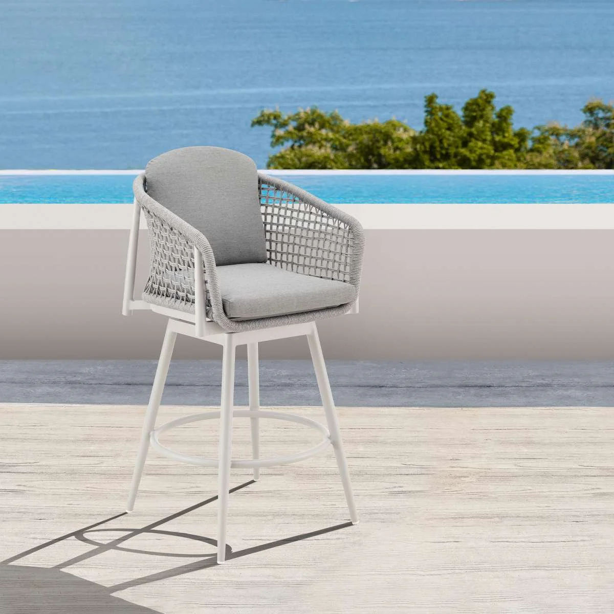 Rhodes Outdoor Patio Swivel Bar Stool in Aluminum with Light Gray Rope and Cushions By Armen Living