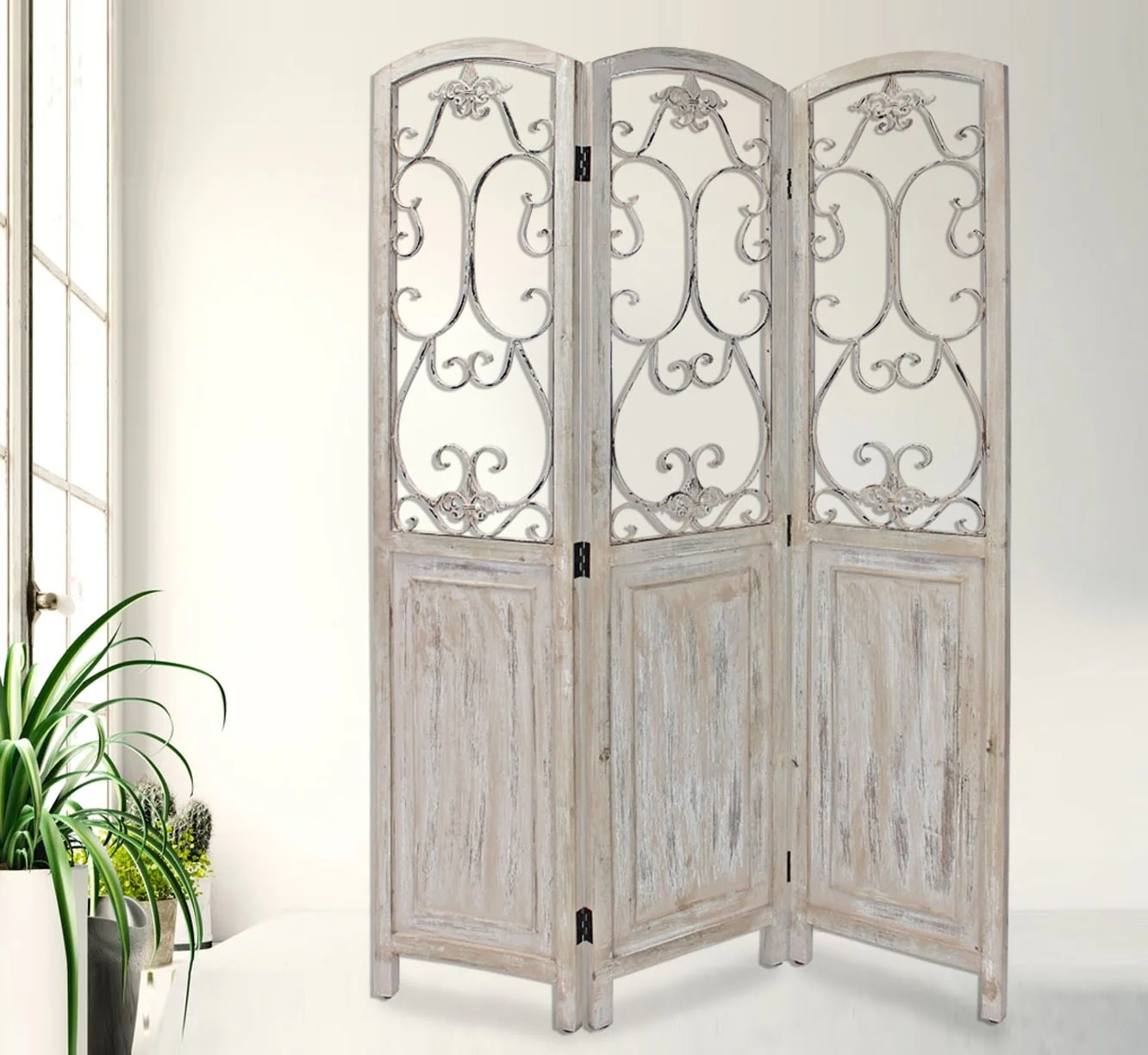 Romantic Whitewashed Scroll Three Panel Room Divider Screen By Homeroots