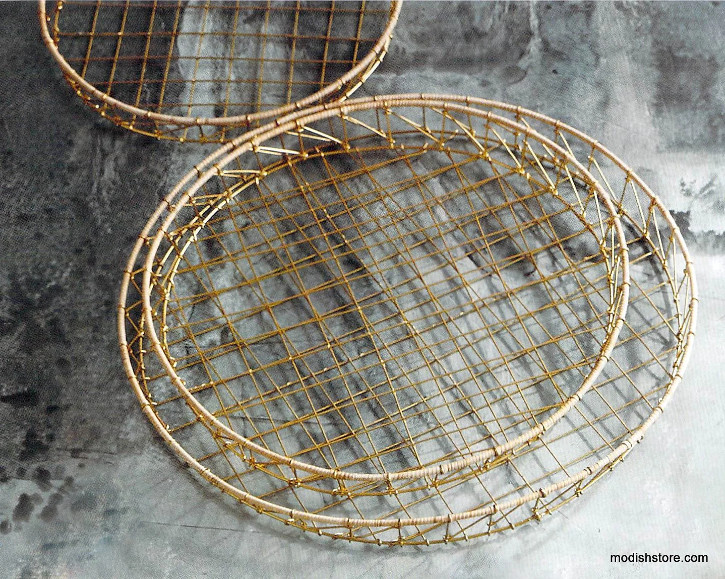 Roost Gio Brass Wire & Rattan Baskets - Round - Set of 3