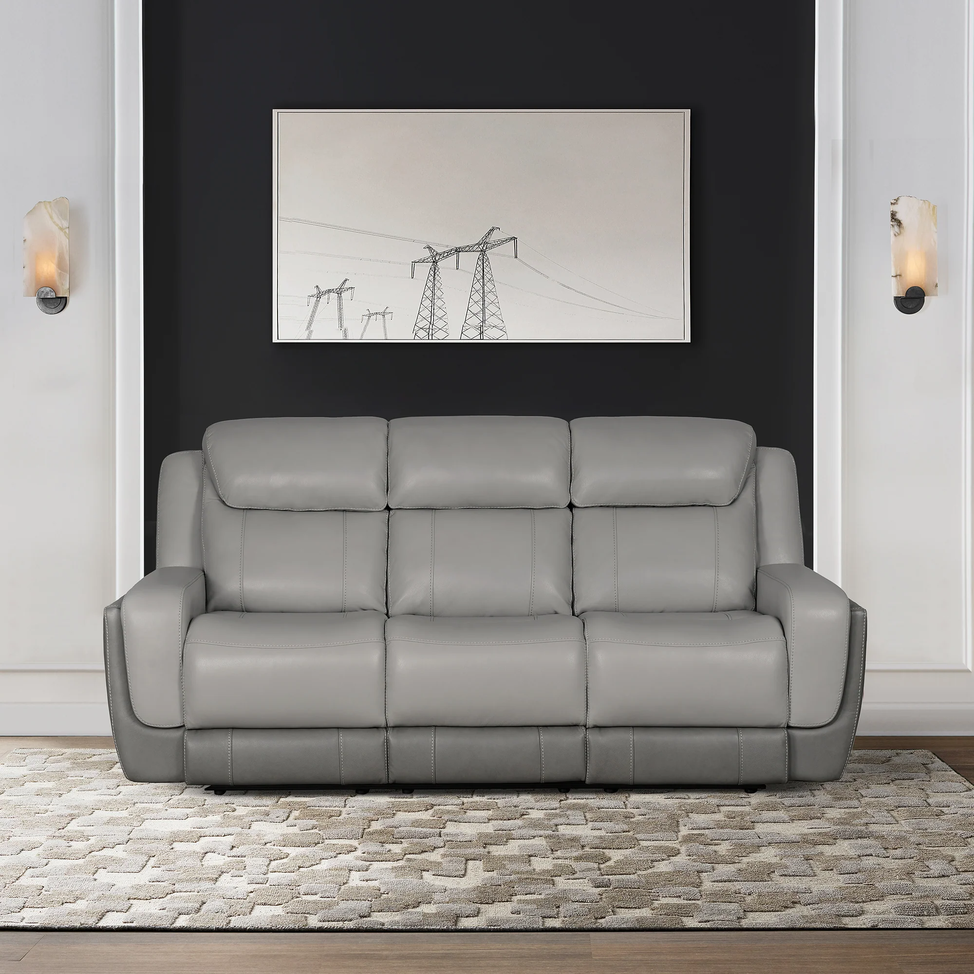 Rosalyn 87" Zero Gravity Power Reclining Sofa with Dropdown Console in Silver and Gray Leather By Armen Living