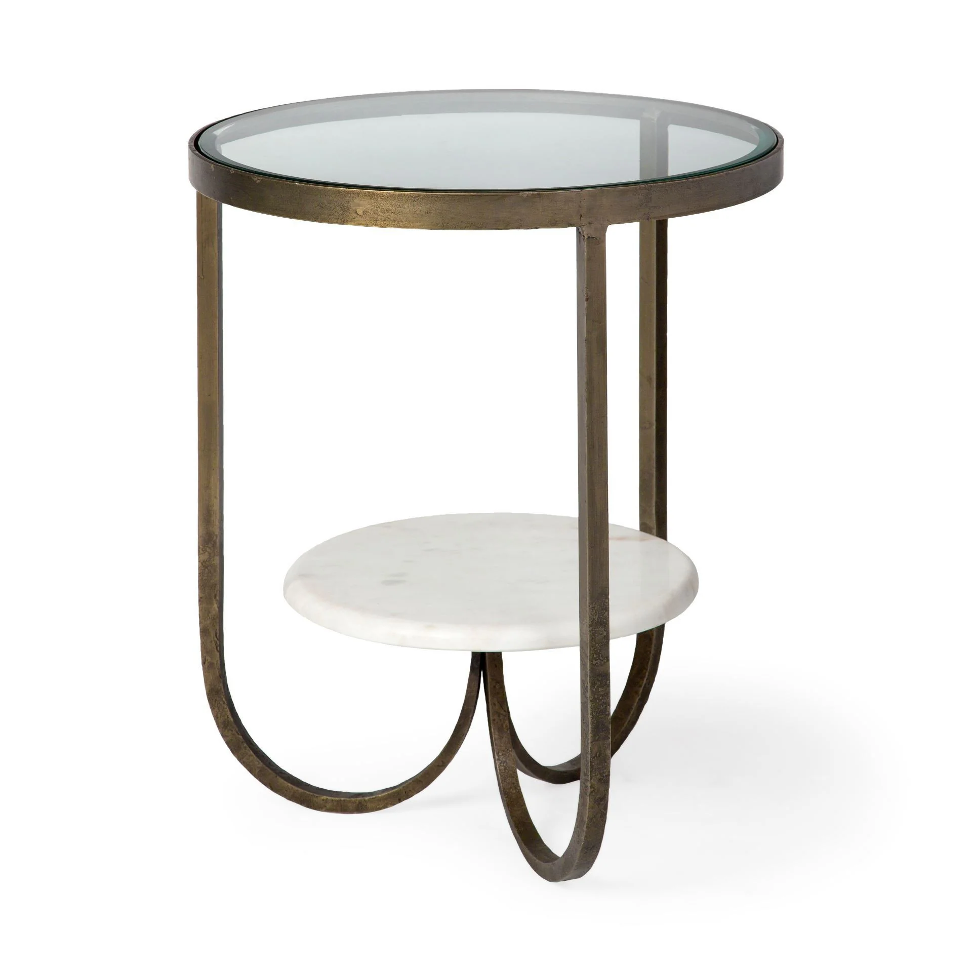 Round Glass Top Metal Side Table with Marble Shelf on Bottom By Homeroots