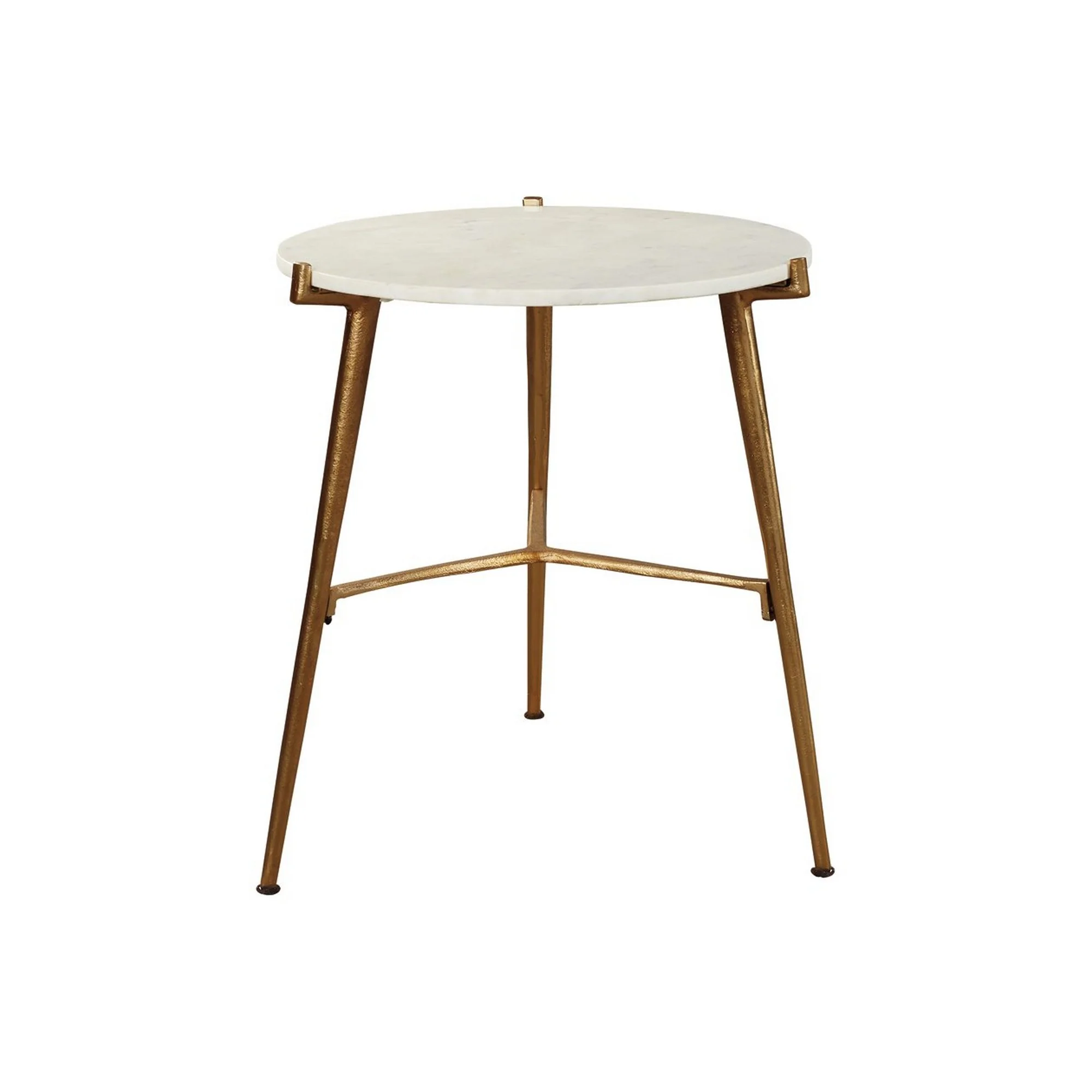 Round Marble Top Accent Table With Angled Metal Legs Gold And White By Benzara