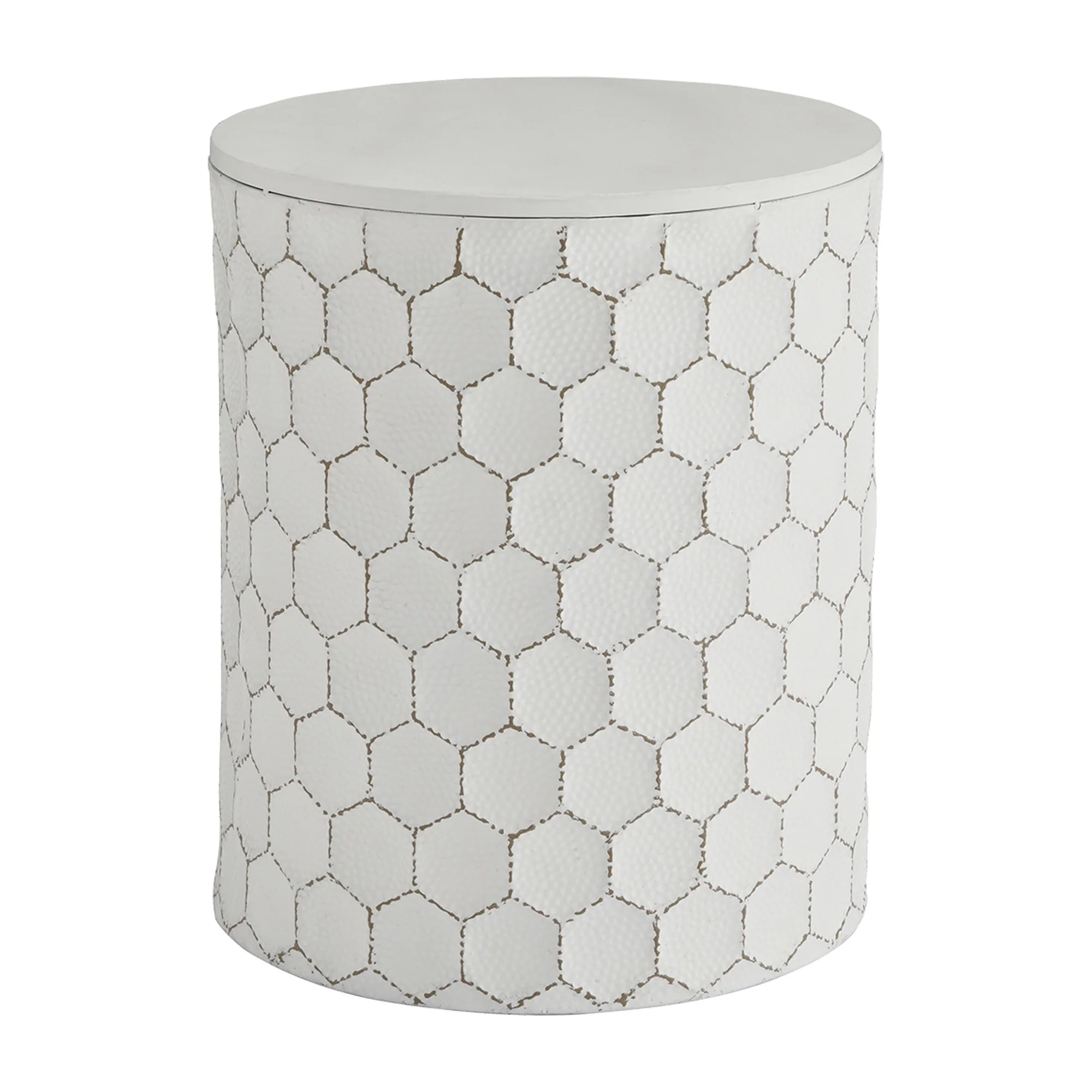 Round Shaped Metal Accent Stool With Honeycomb Pattern White By Benzara
