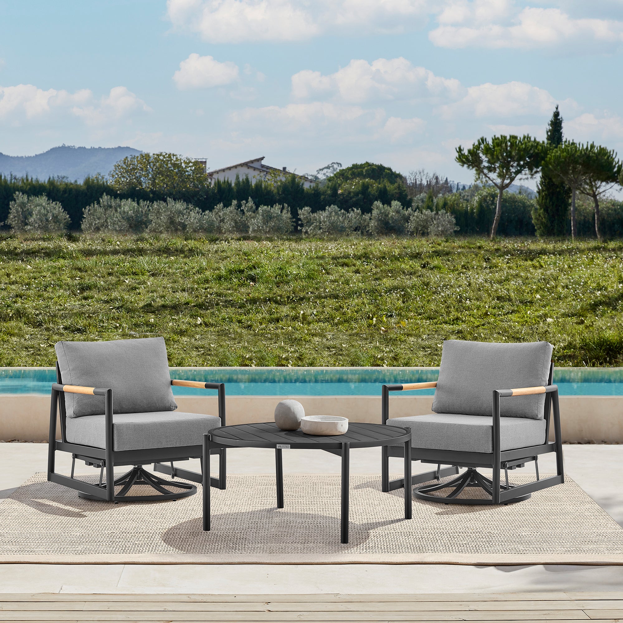 Royal and Tiffany 3 Piece Outdoor Patio Swivel Seating Set in Black Aluminum with Teak Wood and Grey Cushions By Armen Living