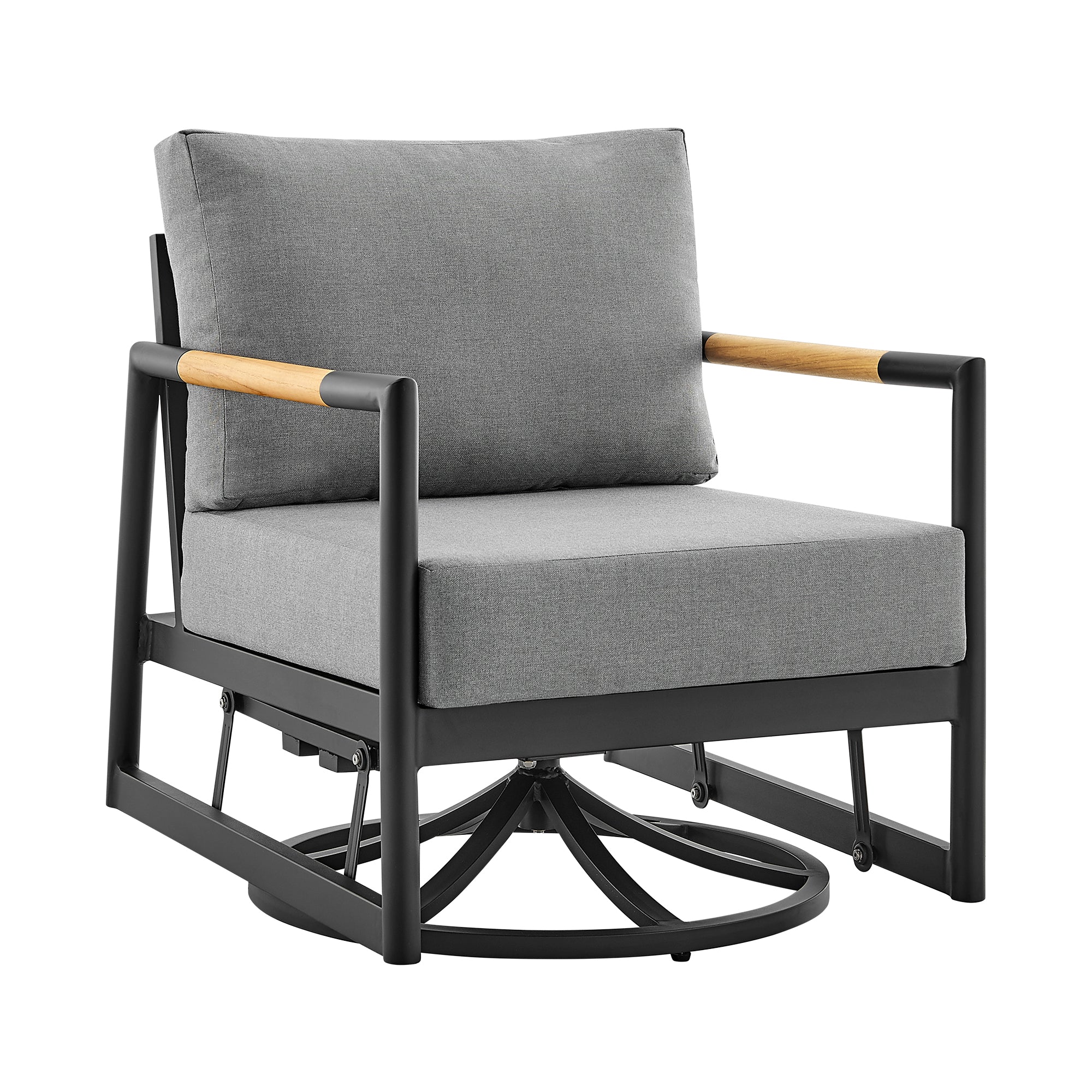 Royal and Tiffany 3 Piece Outdoor Patio Swivel Seating Set in Black Aluminum with Teak Wood and Grey Cushions By Armen Living - Image 3
