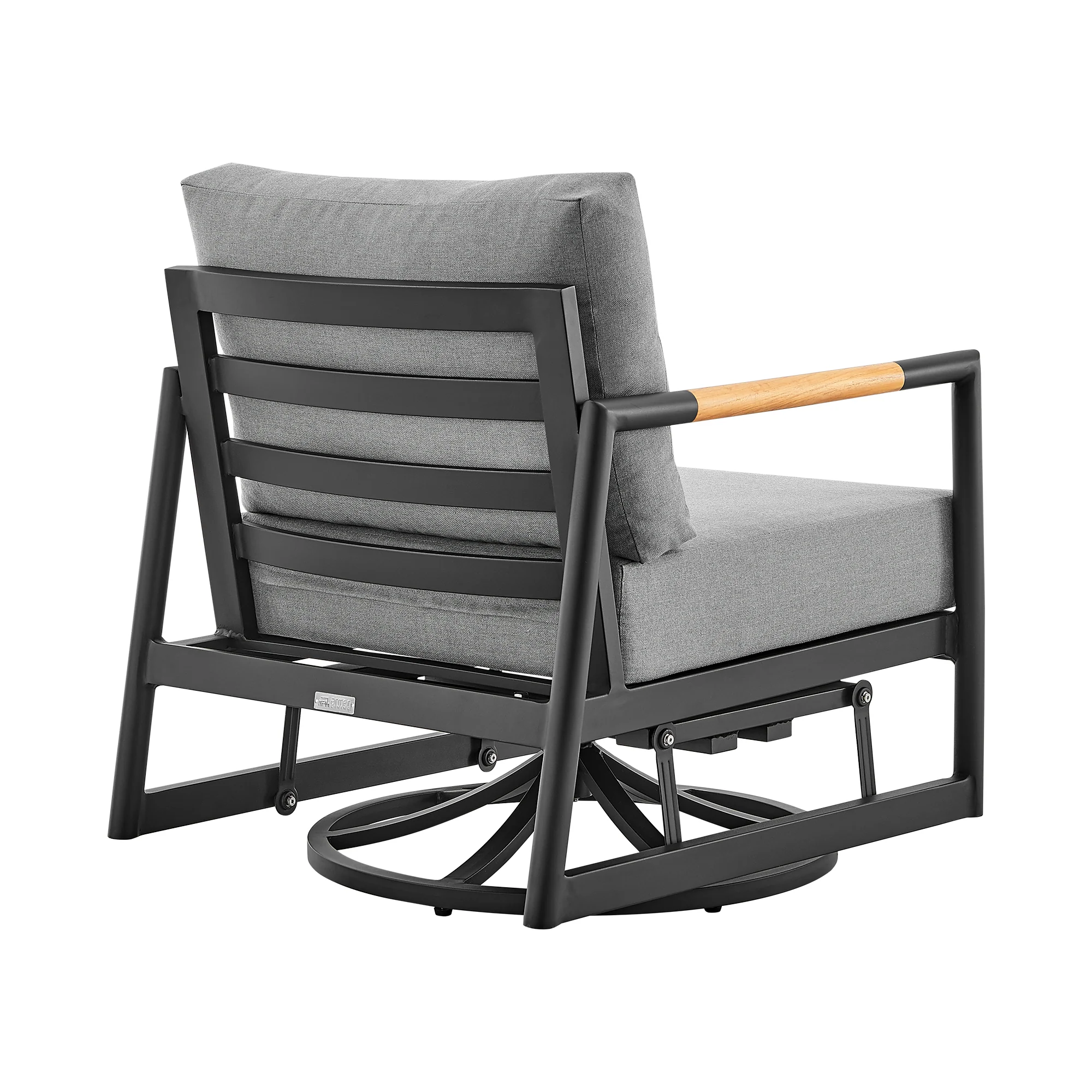 Royal and Tiffany 3 Piece Outdoor Patio Swivel Seating Set in Black Aluminum with Teak Wood and Grey Cushions By Armen Living - Image 5