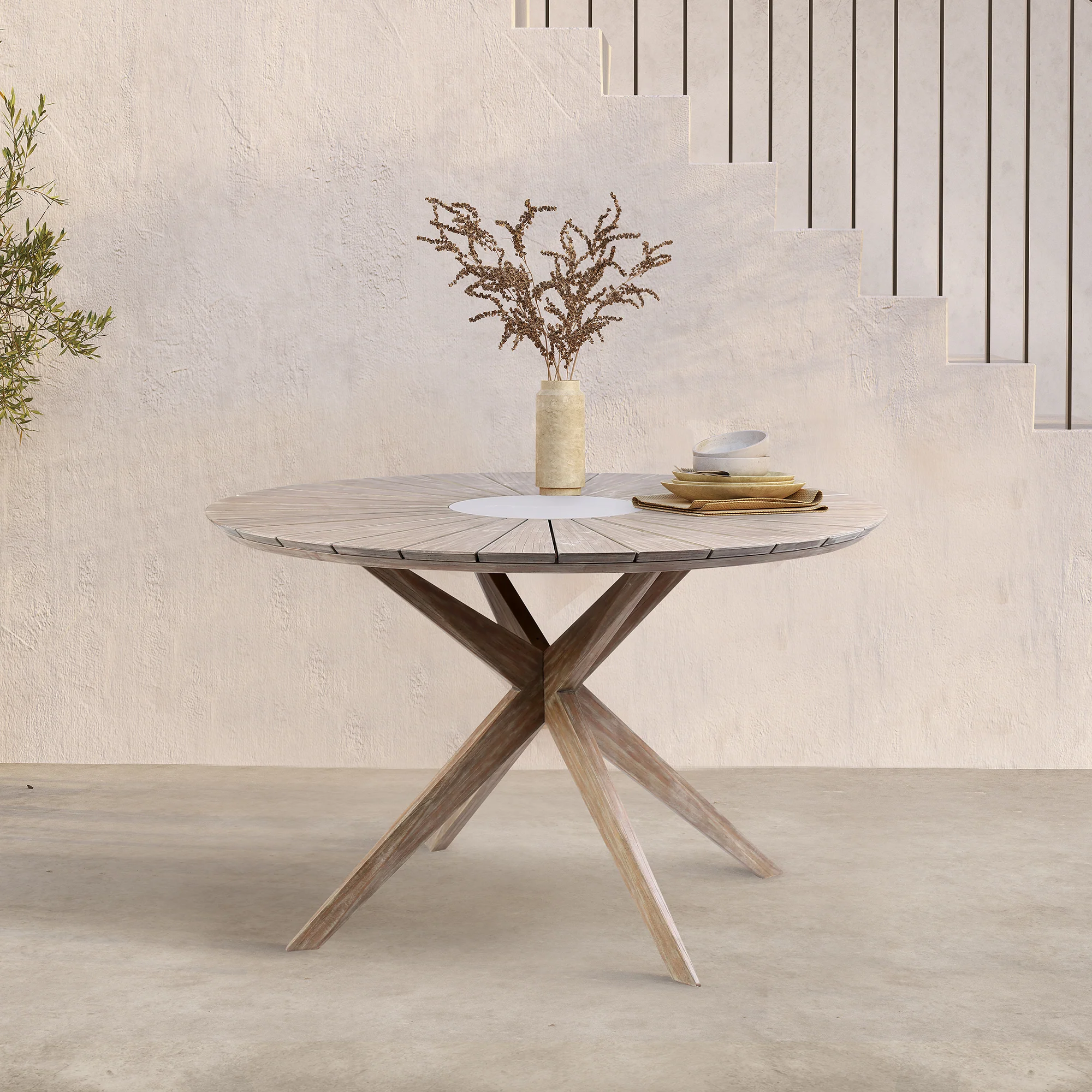 Sachi Outdoor Light Eucalyptus Wood and Concrete Round Dining Table By Armen Living