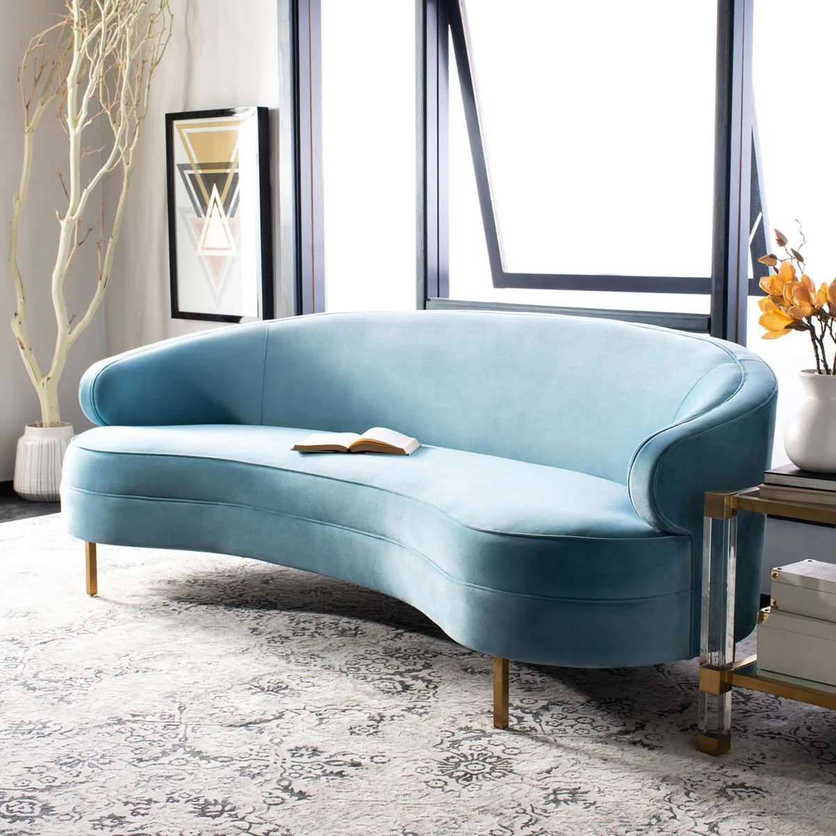 Safavieh Primrose Curved Velvet Sofa - Light Blue