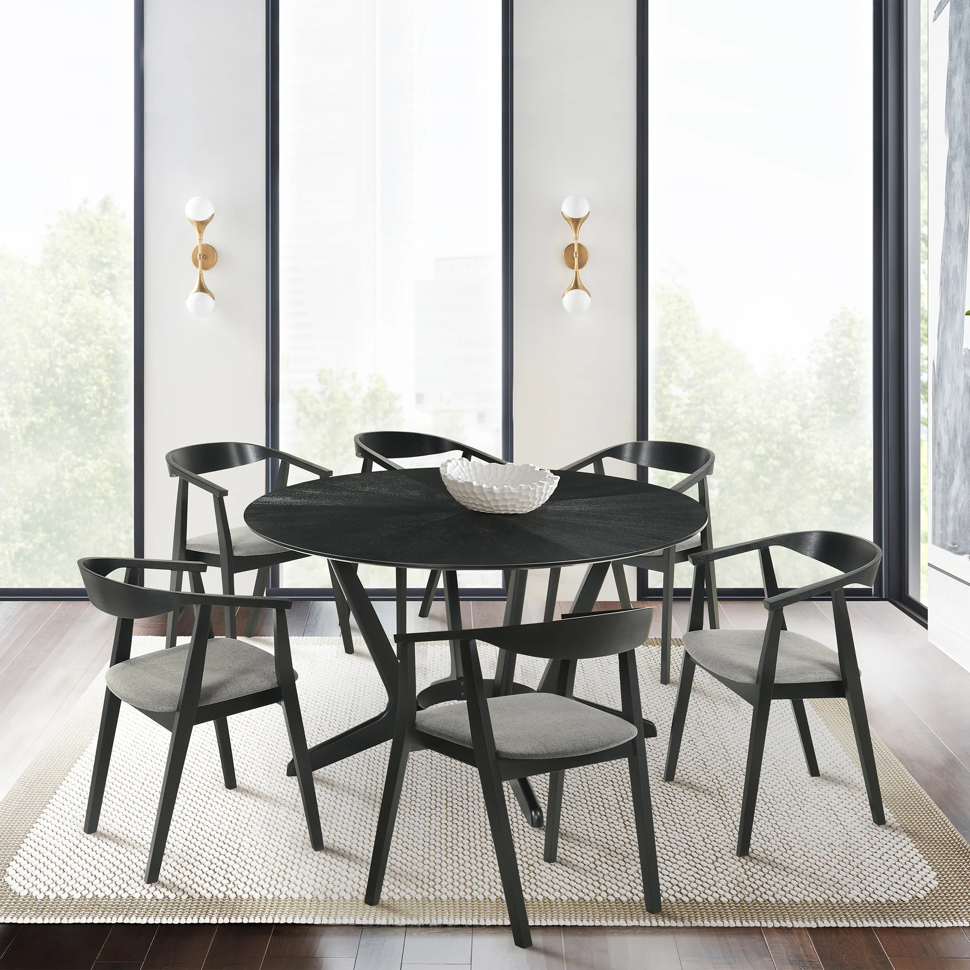 Santana 7 Piece Round Black Wood Dining Table Set with Charcoal Fabric By Armen Living