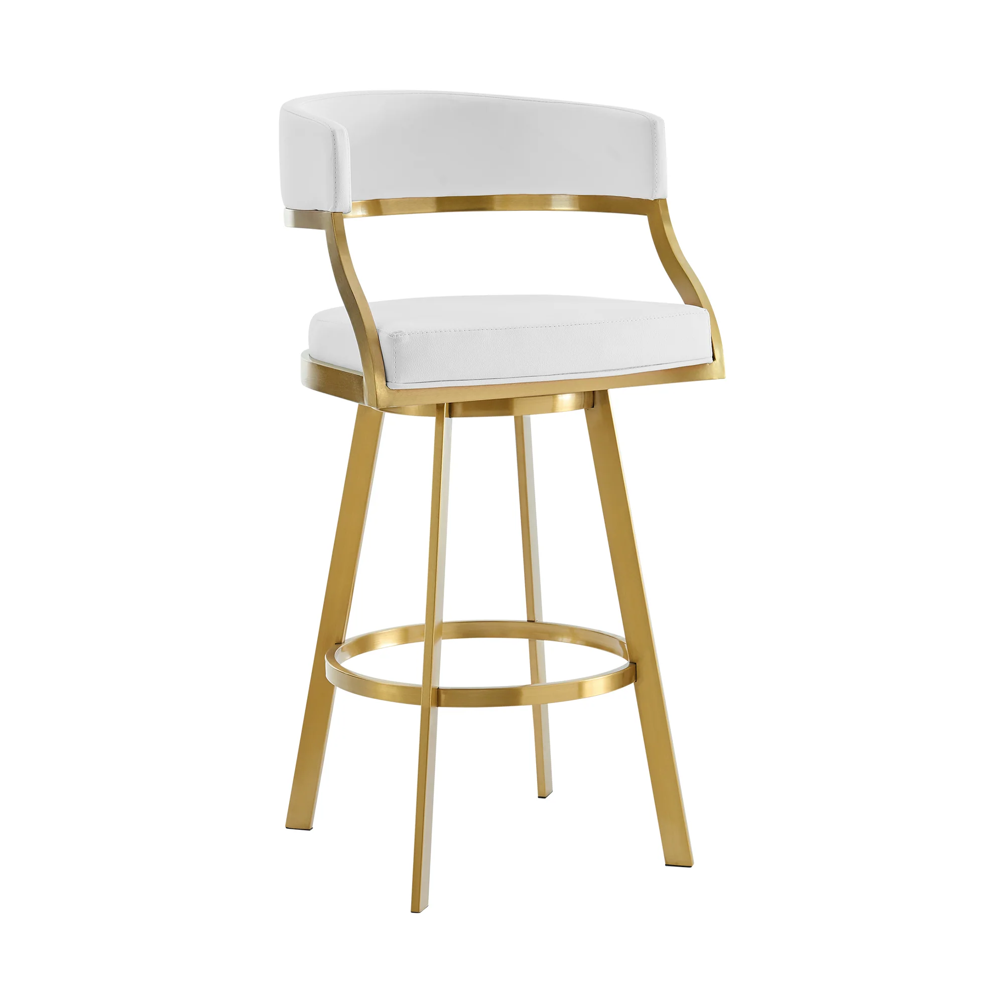 Saturn 30" Swivel Bar Stool with Gold Brushed Stainless Steel and White Faux Leather By Armen Living - Image 2