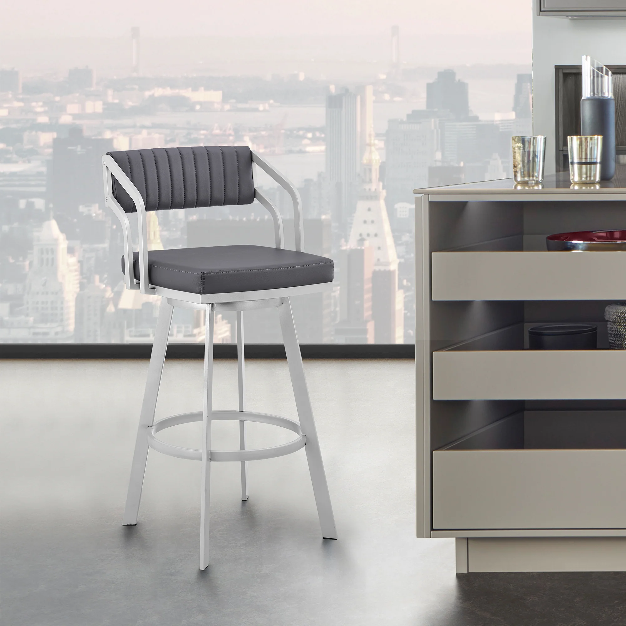 Scranton 30" Swivel Slate Grey Faux Leather and Silver Metal Bar Stool By Armen Living