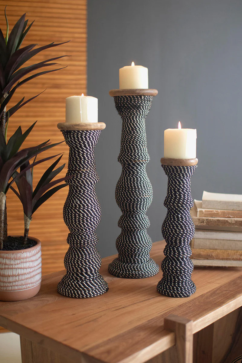 Set 3 Wooden Candle Holders With Black & White String By Kalalou