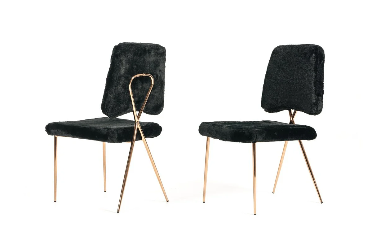 Set Of 2 Glam Modern Black Faux Fur Dining Chairs By Homeroots