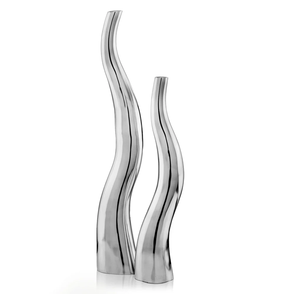 Set of 2 Modern Tall Silver Squiggly Vases By Homeroots