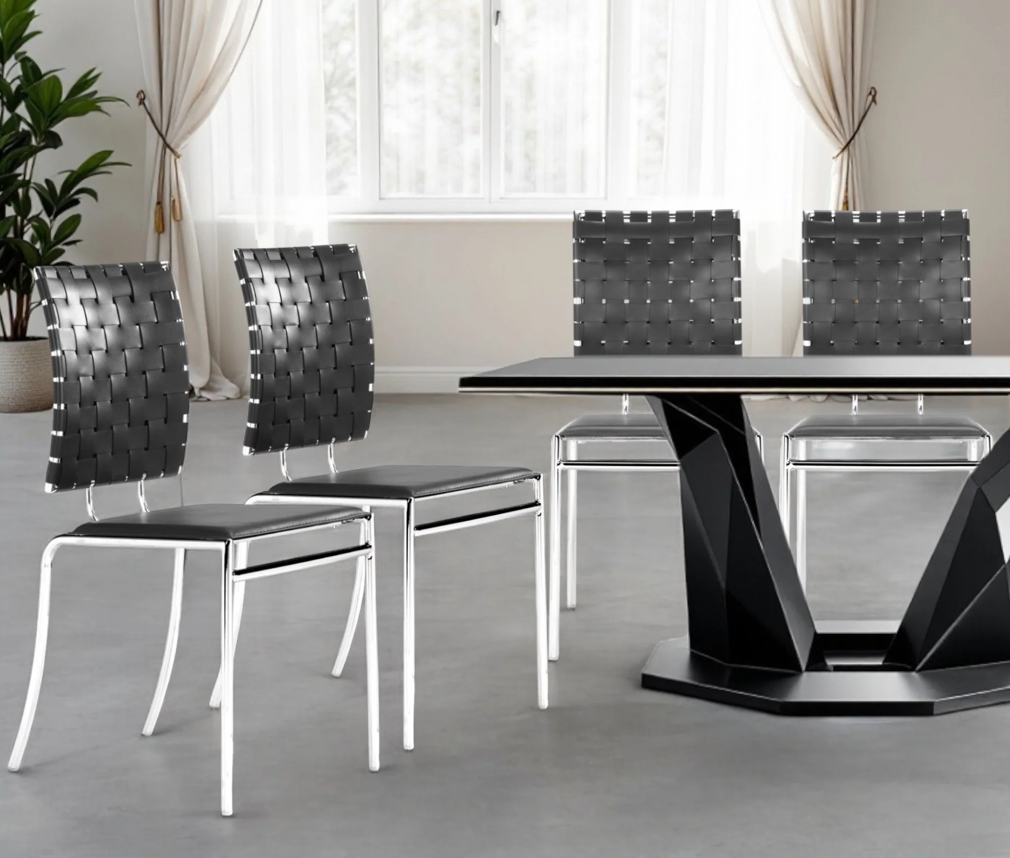 Set of Four Black And Silver Upholstered Faux Leather Open Back Dining Side Chairs By Homeroots