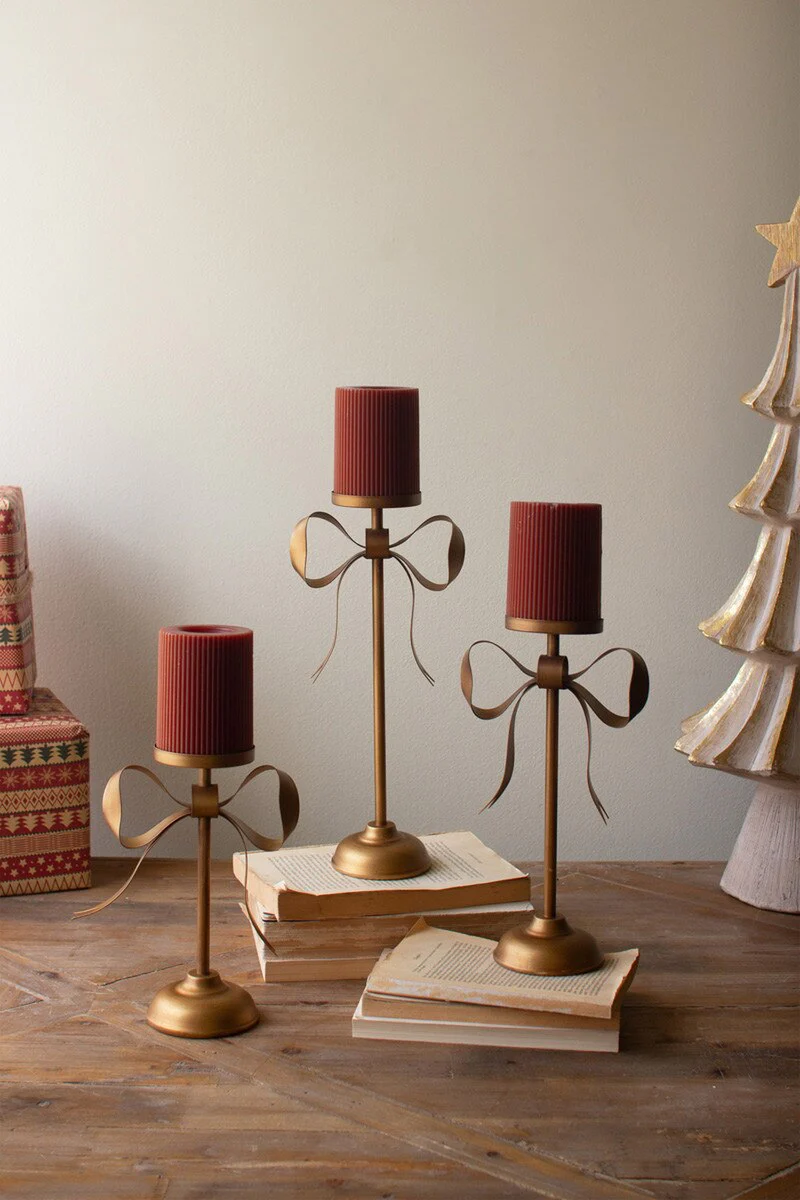 Set Of Three Antique Brass Pillar Candle Stands -Bow Detail By Kalalou - Image 2