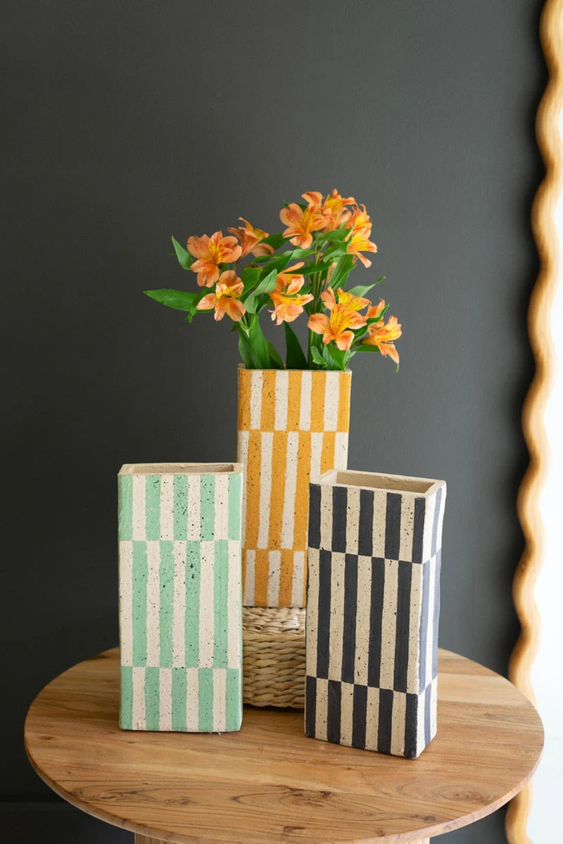 Set Of Three Clay Rectangle Striped Vases By Kalalou - Image 5