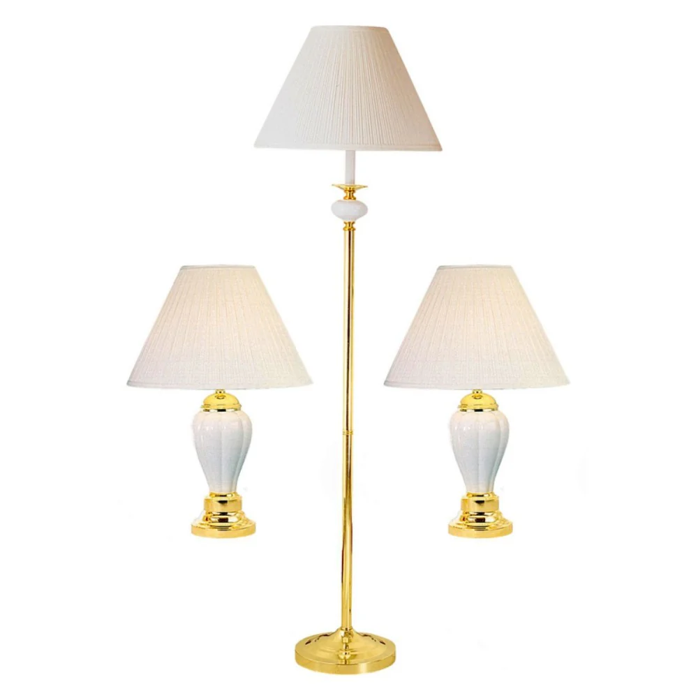 Set Of Three Gold and White Ceramic Bedside Floor and Table Lamp Set With Off White Empire Shade By Homeroots