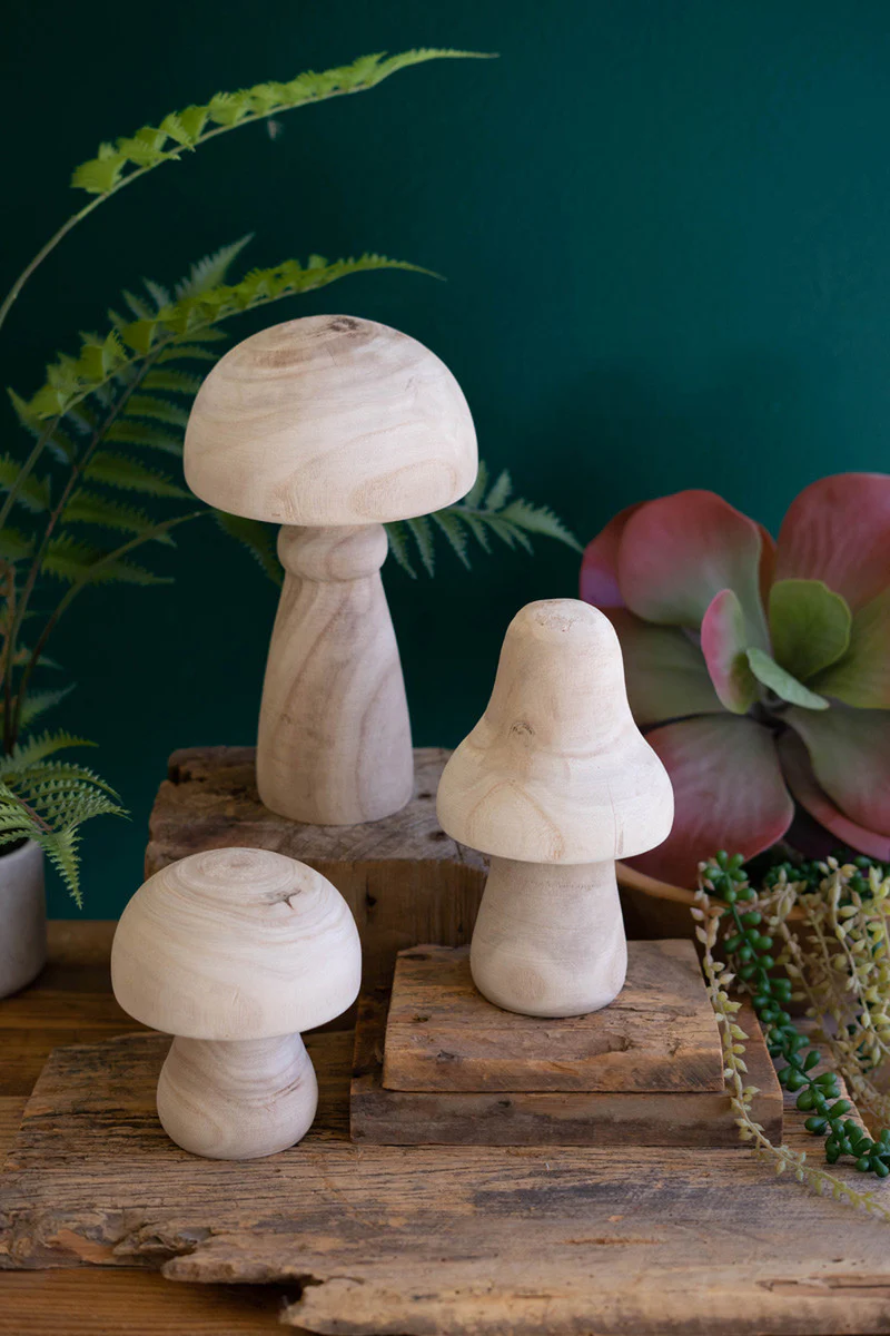 Set Of Three Natural Wooden Mushrooms By Kalalou