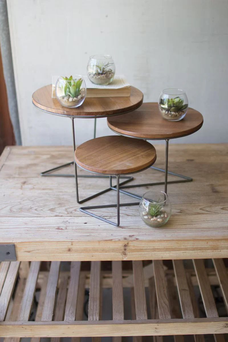 Set Of Three Round Wire Display Risers With Wood Tops (Min 2) By Kalalou