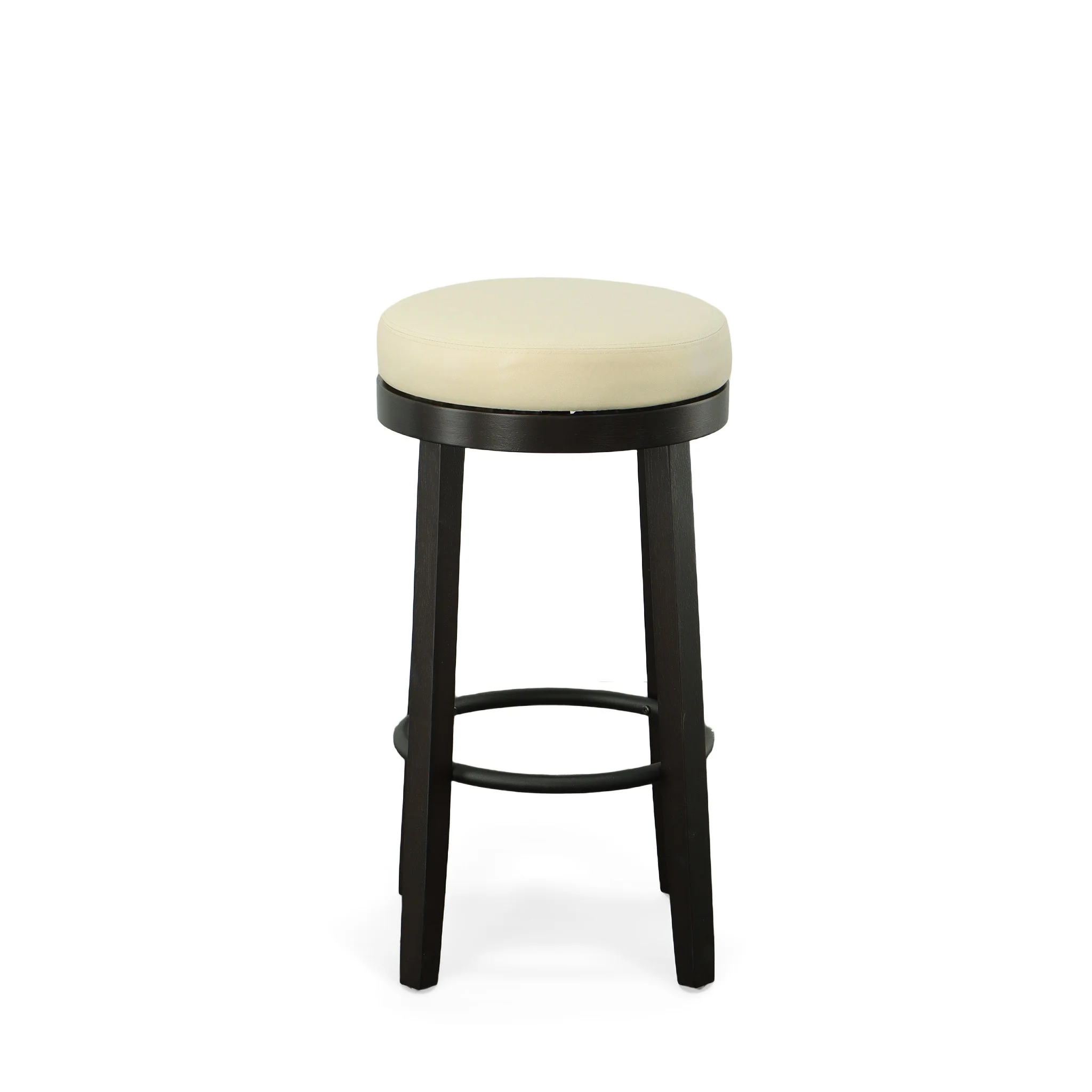 Set Of Two 30" Cream And Espresso Faux Leather And Solid Wood Swivel Backless Bar Height Bar Chairs With Footrest By Homeroots