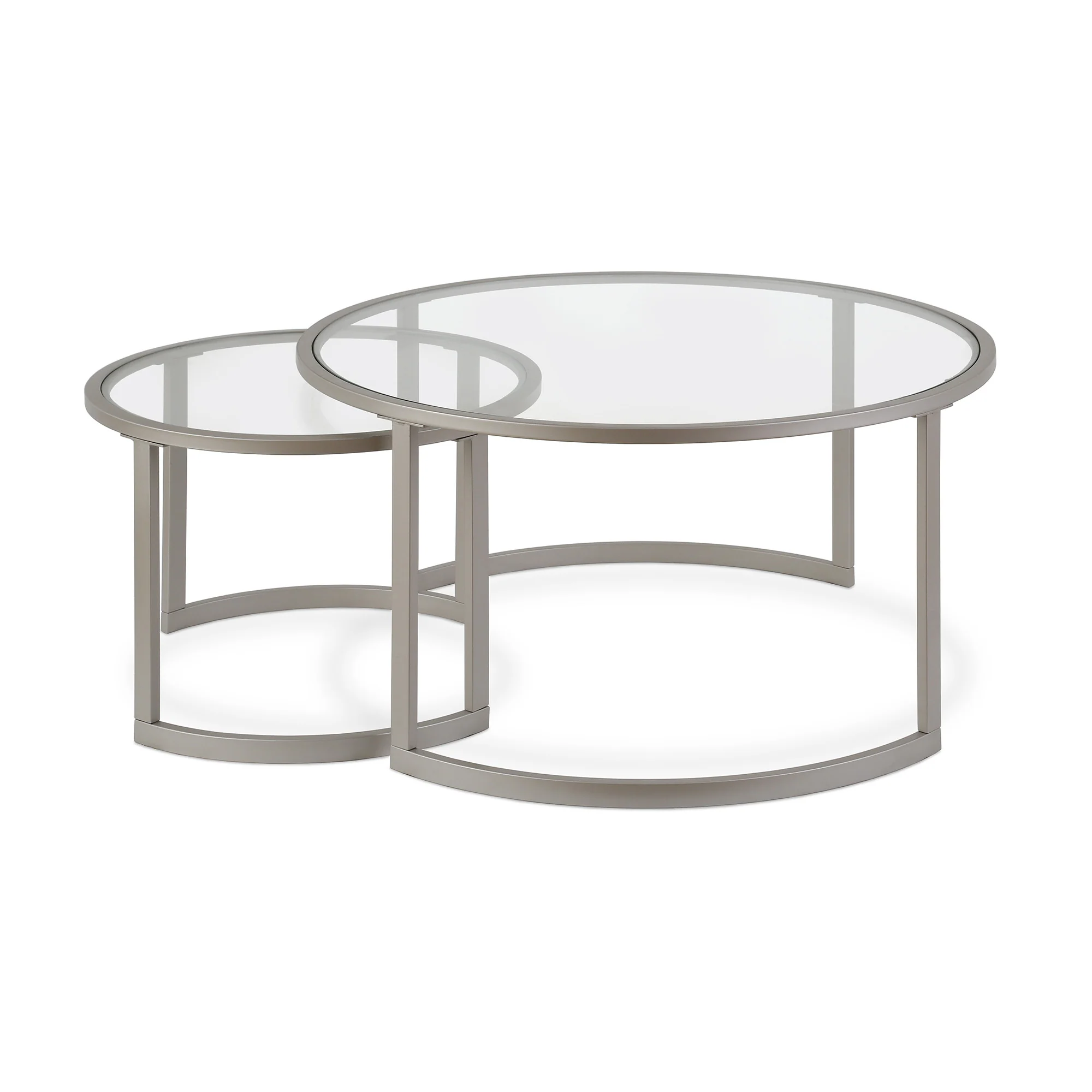 Set Of Two 36" Nickel and Glass Round Nested Coffee Tables By Homeroots