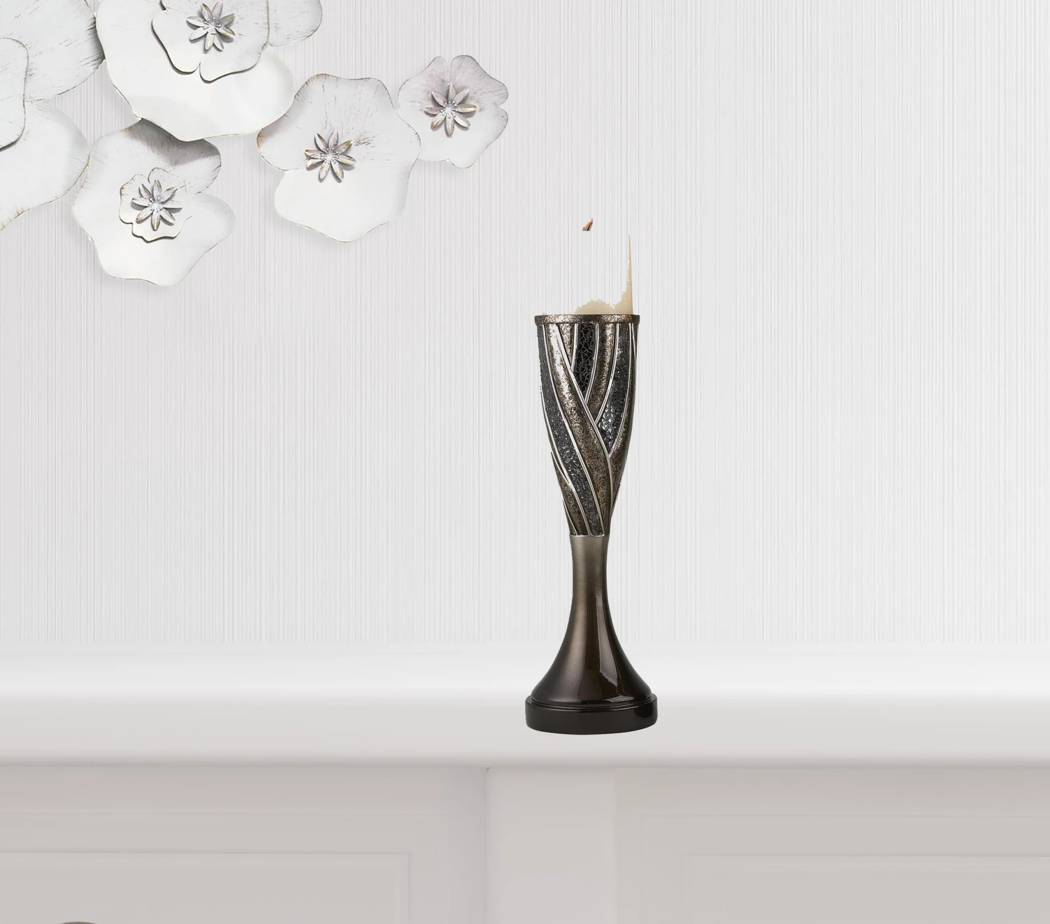 Set of Two Black Silver and Bronze Polyresin Abstract Centerpiece Pillar Candle Holders With Candle By Homeroots