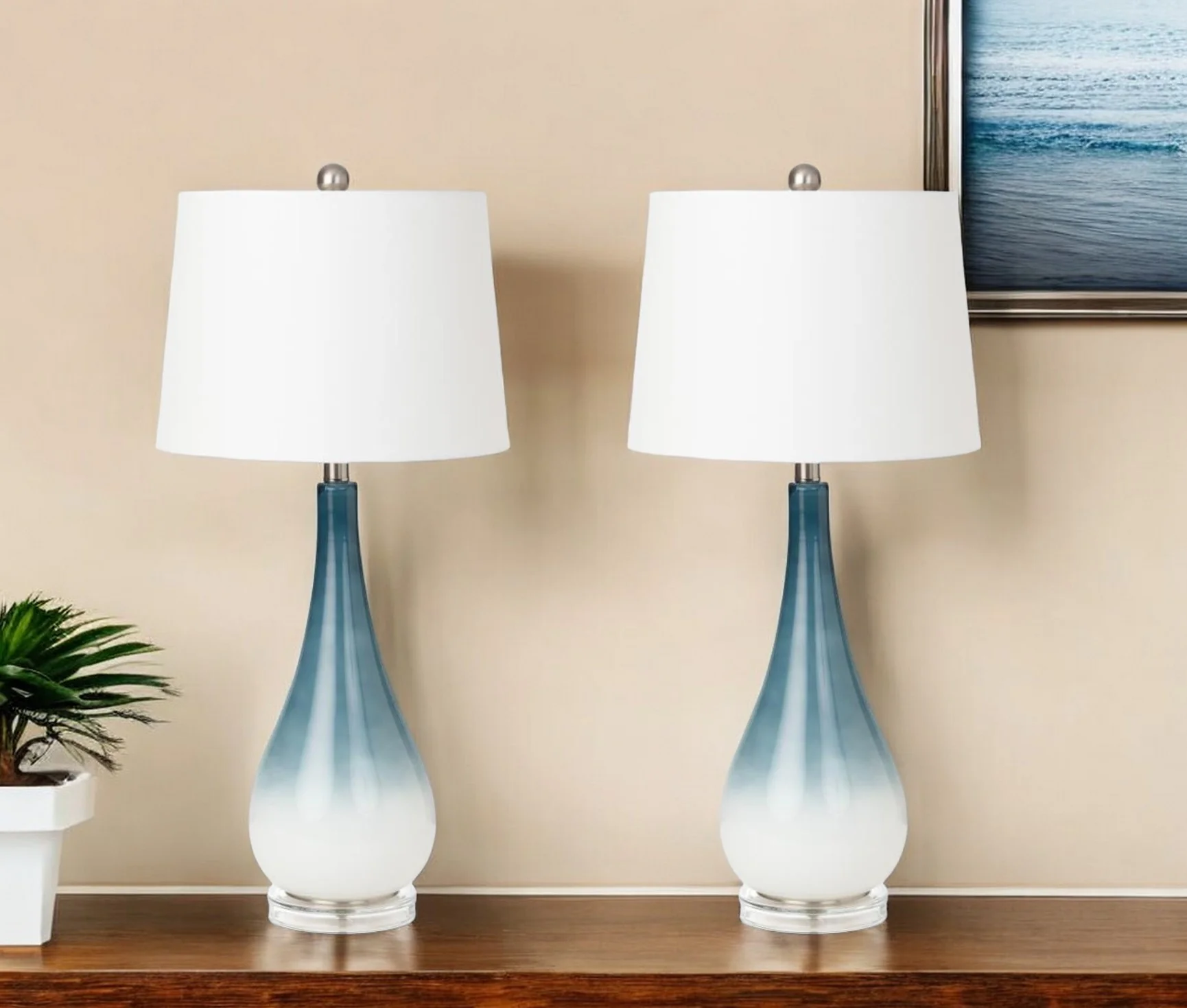 Set of Two Blue and White Glass Table Lamps With White Empire Shade By Homeroots