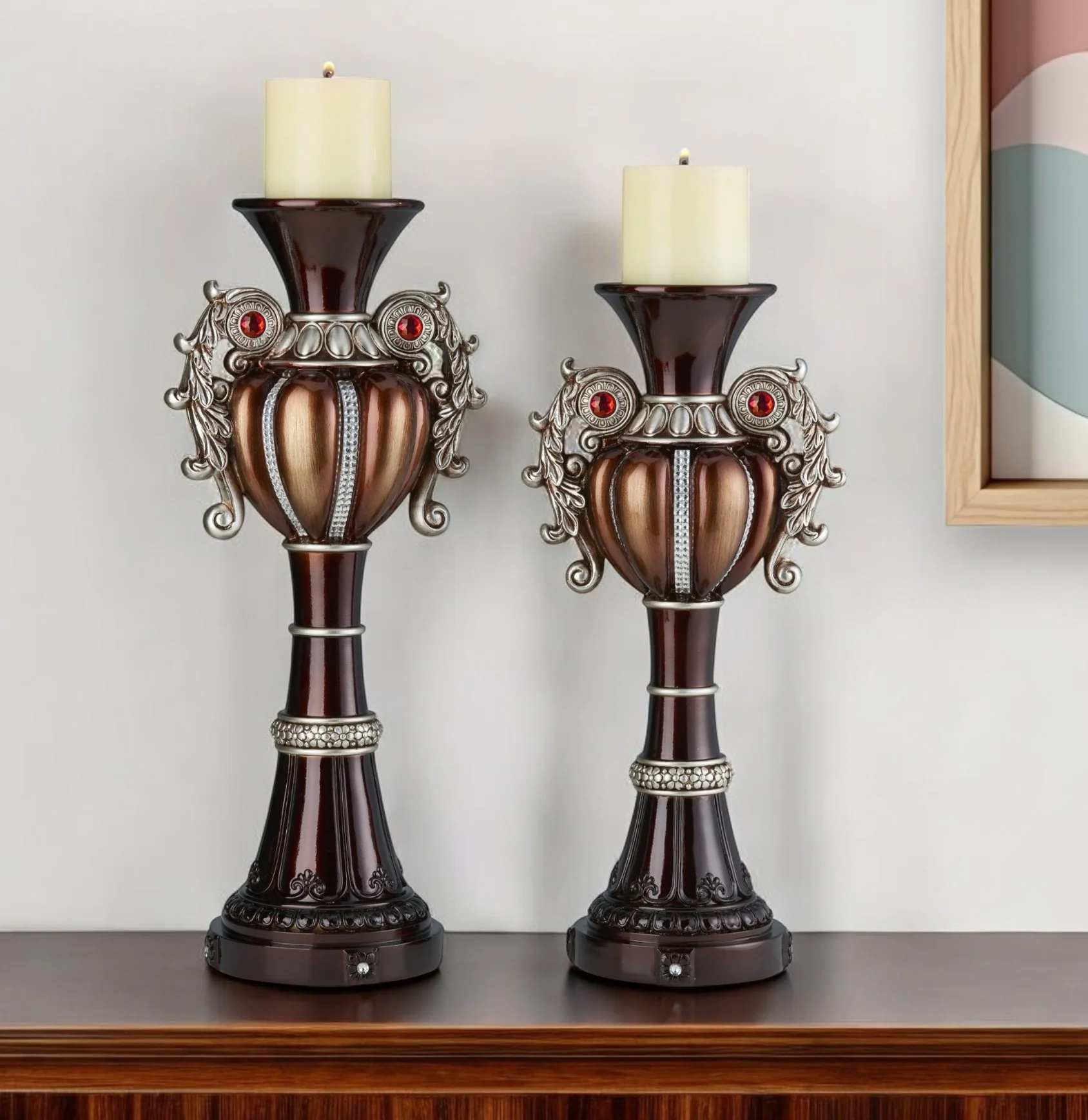 Set Of Two Bronze Tabletop Urn Shape Pillar Candle Holders By Homeroots