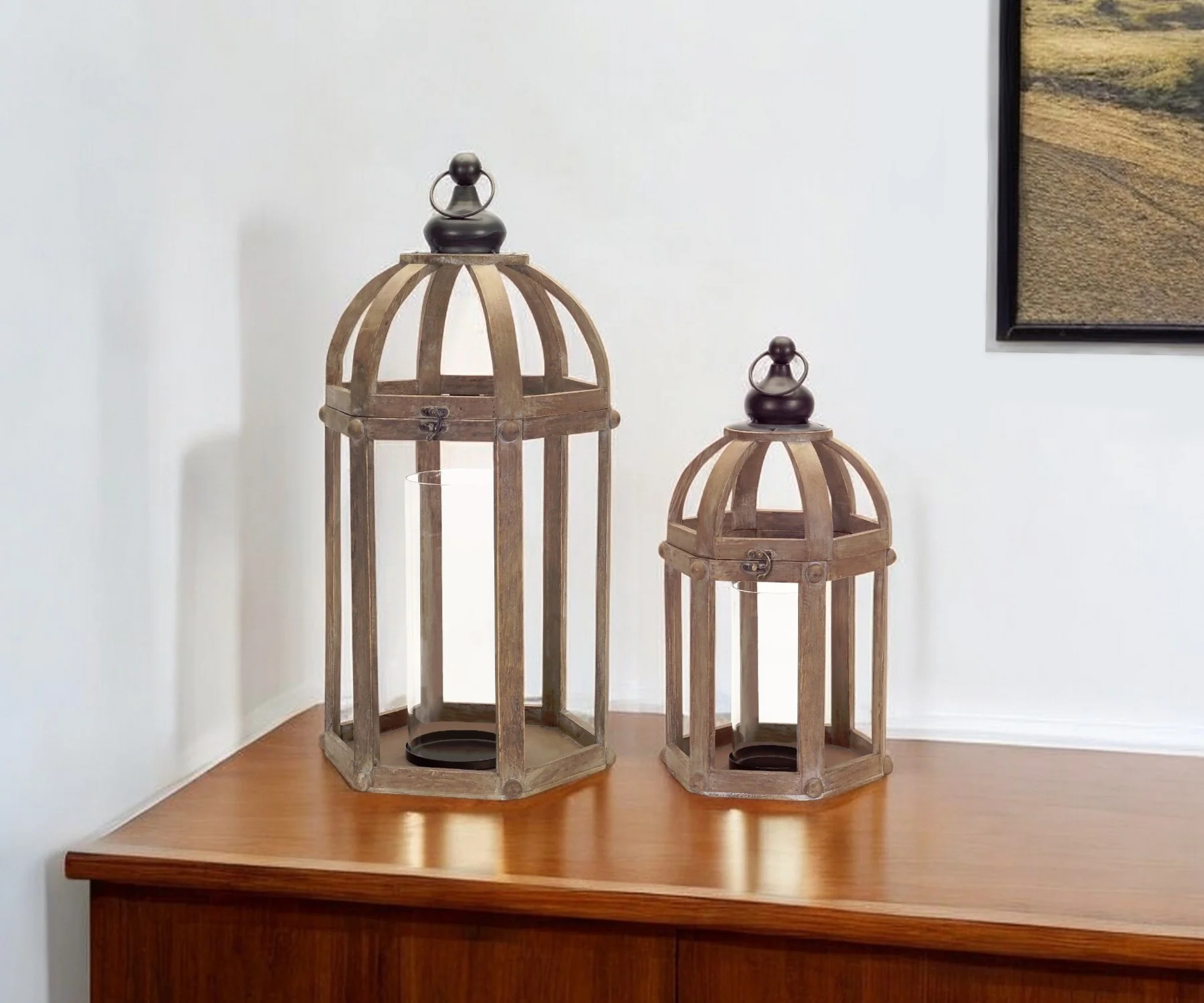 Set of Two Brown Wood and Glass Floor Lantern Candle Holders By Homeroots