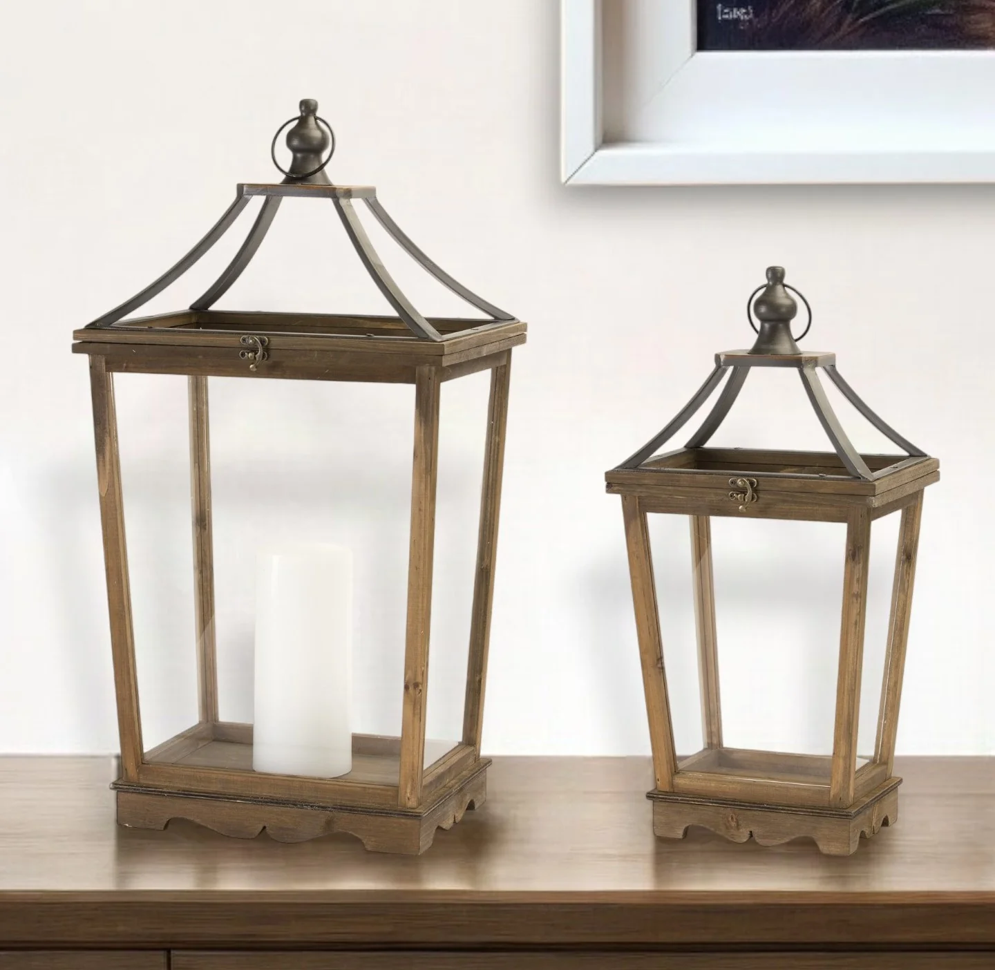 Set of Two Brown Wood and Metal Geometric Floor Lantern Candle Holders By Homeroots
