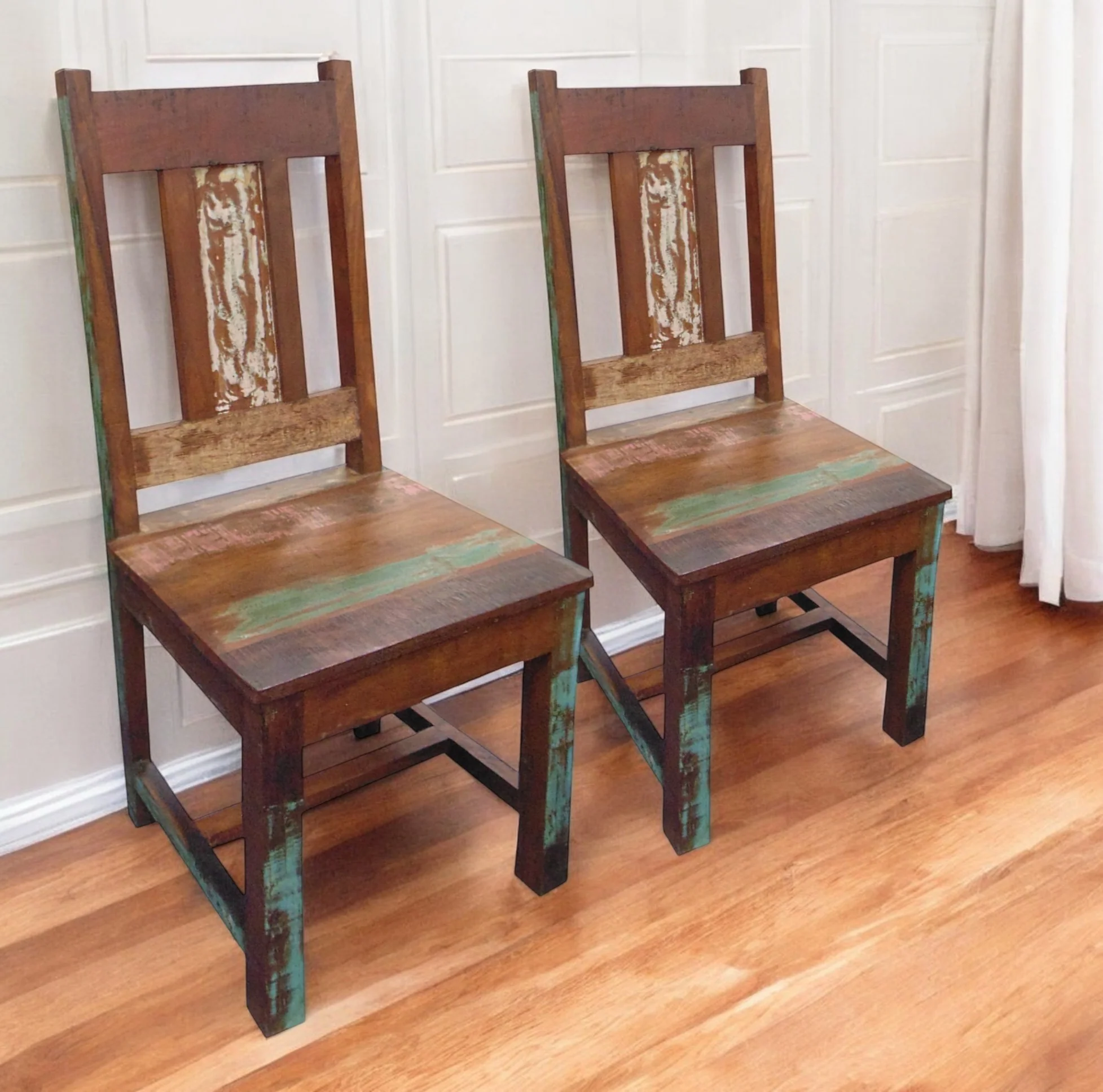 Set of Two Brown Wood Slat Back Dining Side Chairs By Homeroots