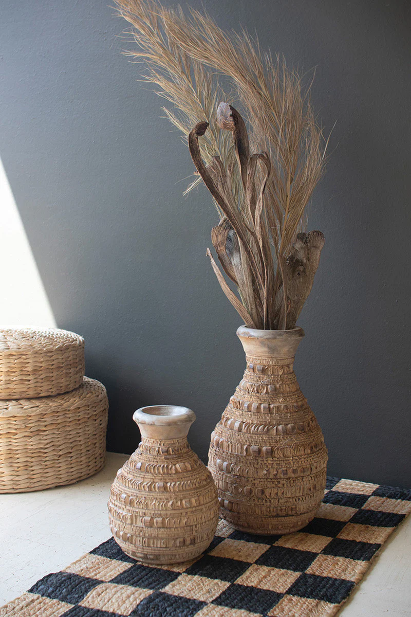 Set Of Two Carved Wooden Vases By Kalalou