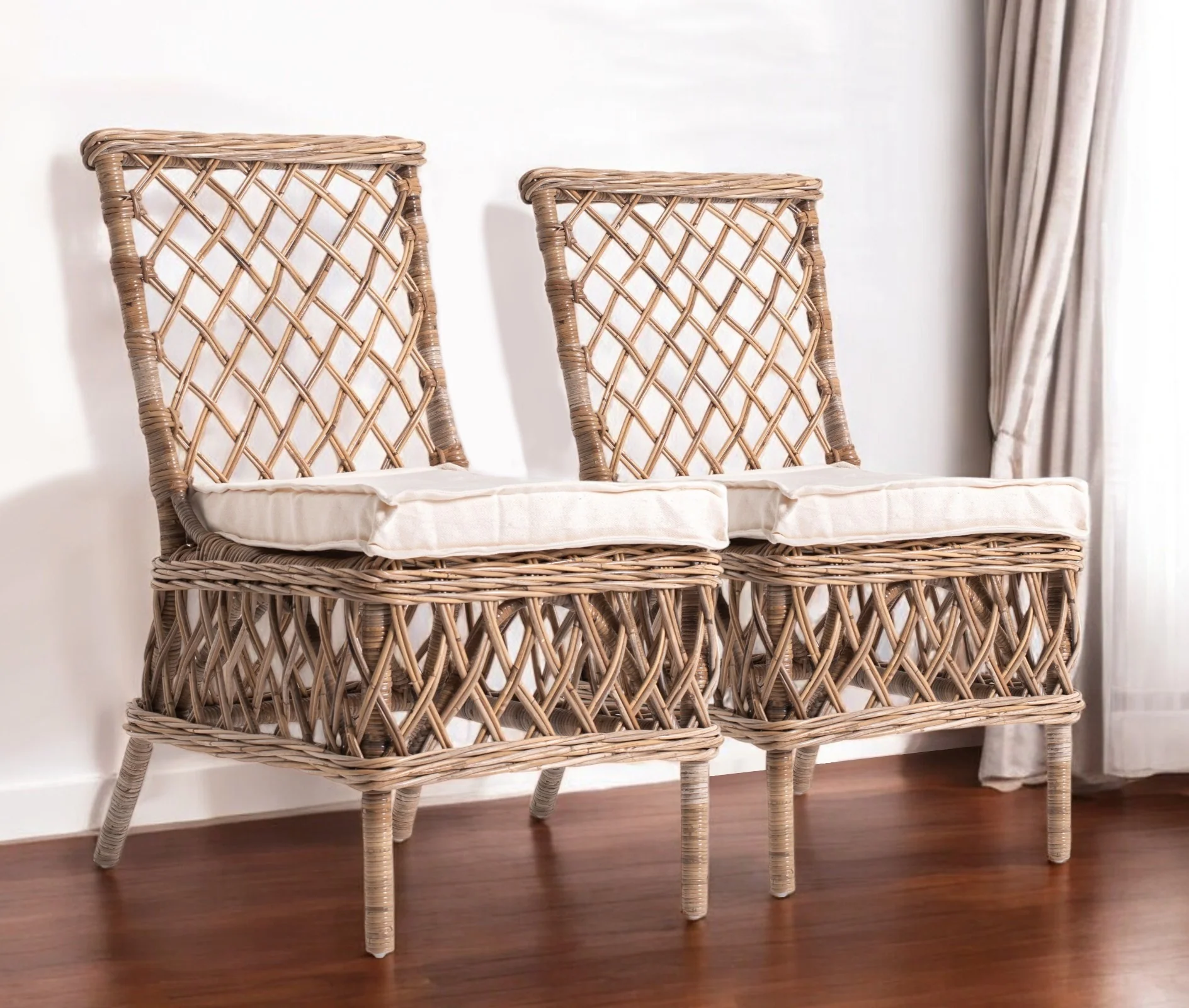 Set of Two Cream And Natural Rattan Cross Back Dining Parsons Chairs By Homeroots