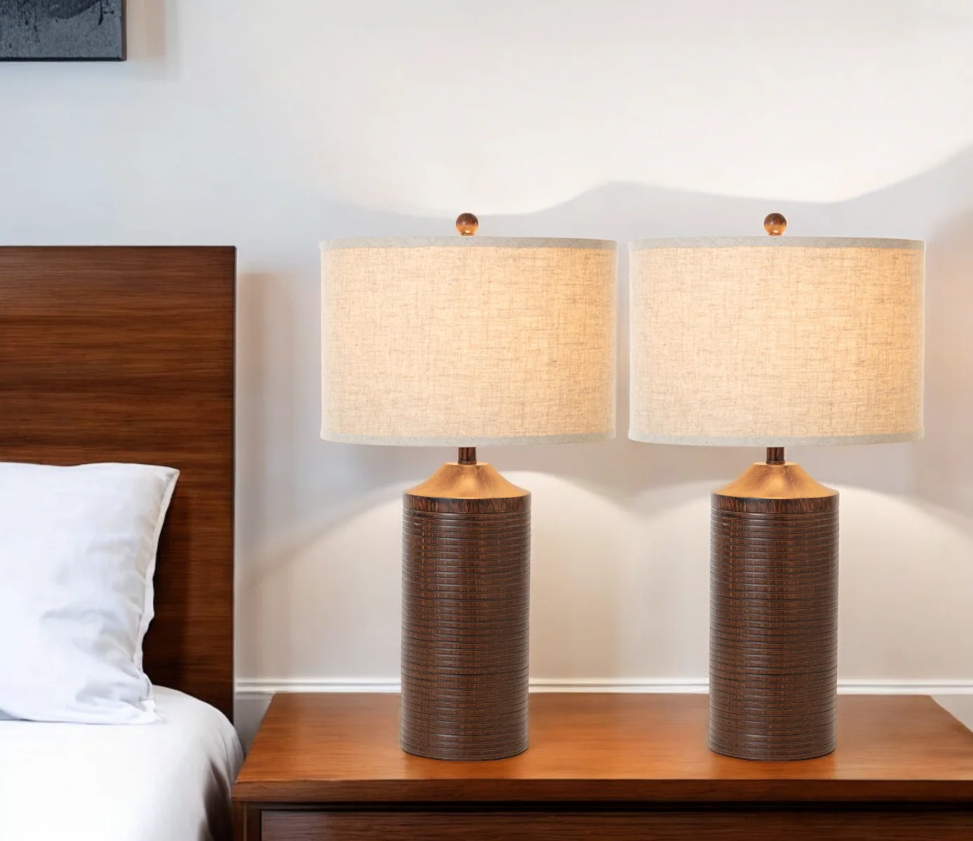 Set of Two Distressed Brown Table Lamp USB With Beige Drum Shade By Homeroots