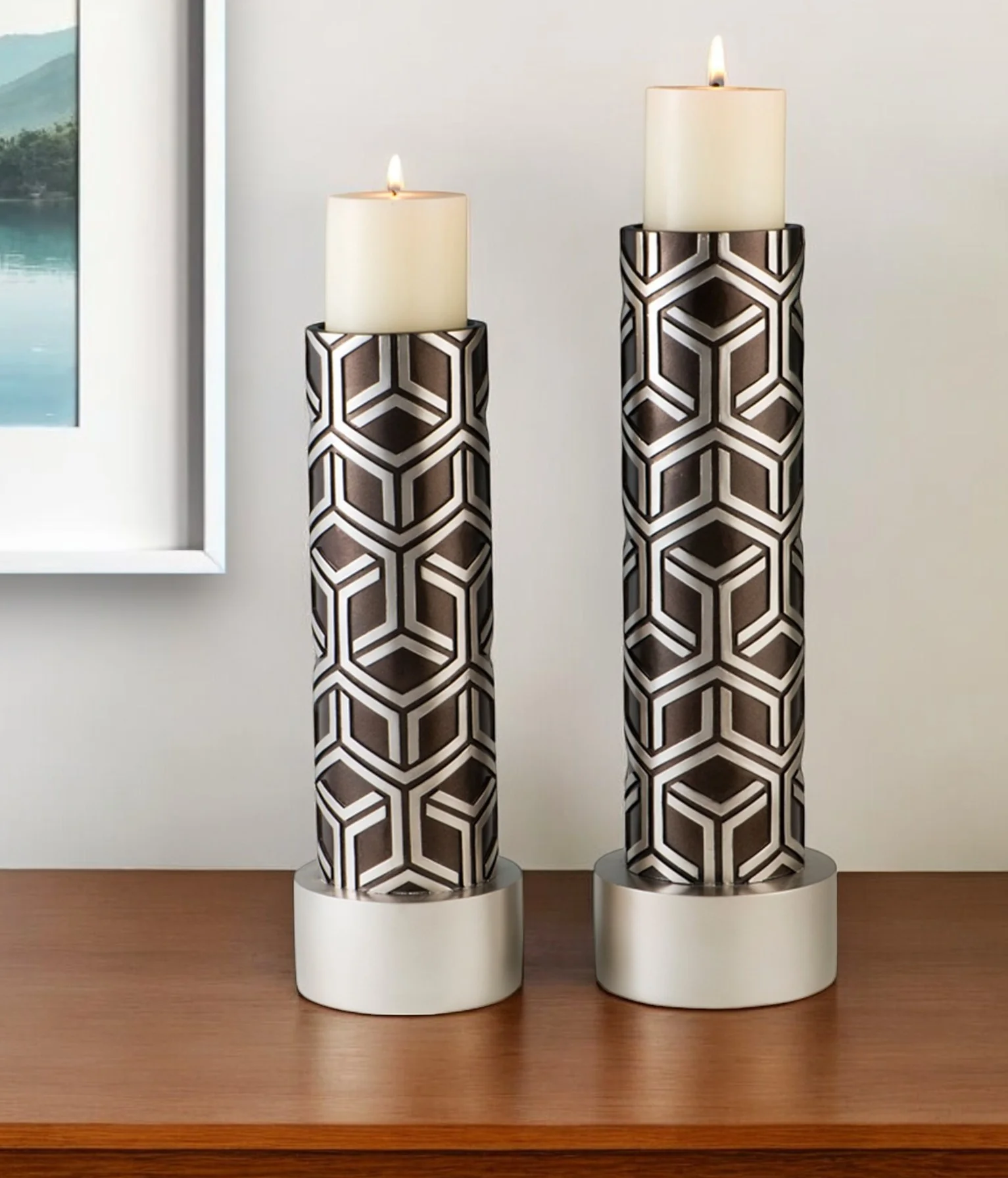 Set Of Two Espresso and Silver Pillar Tabletop Pillar Candle Holders By Homeroots