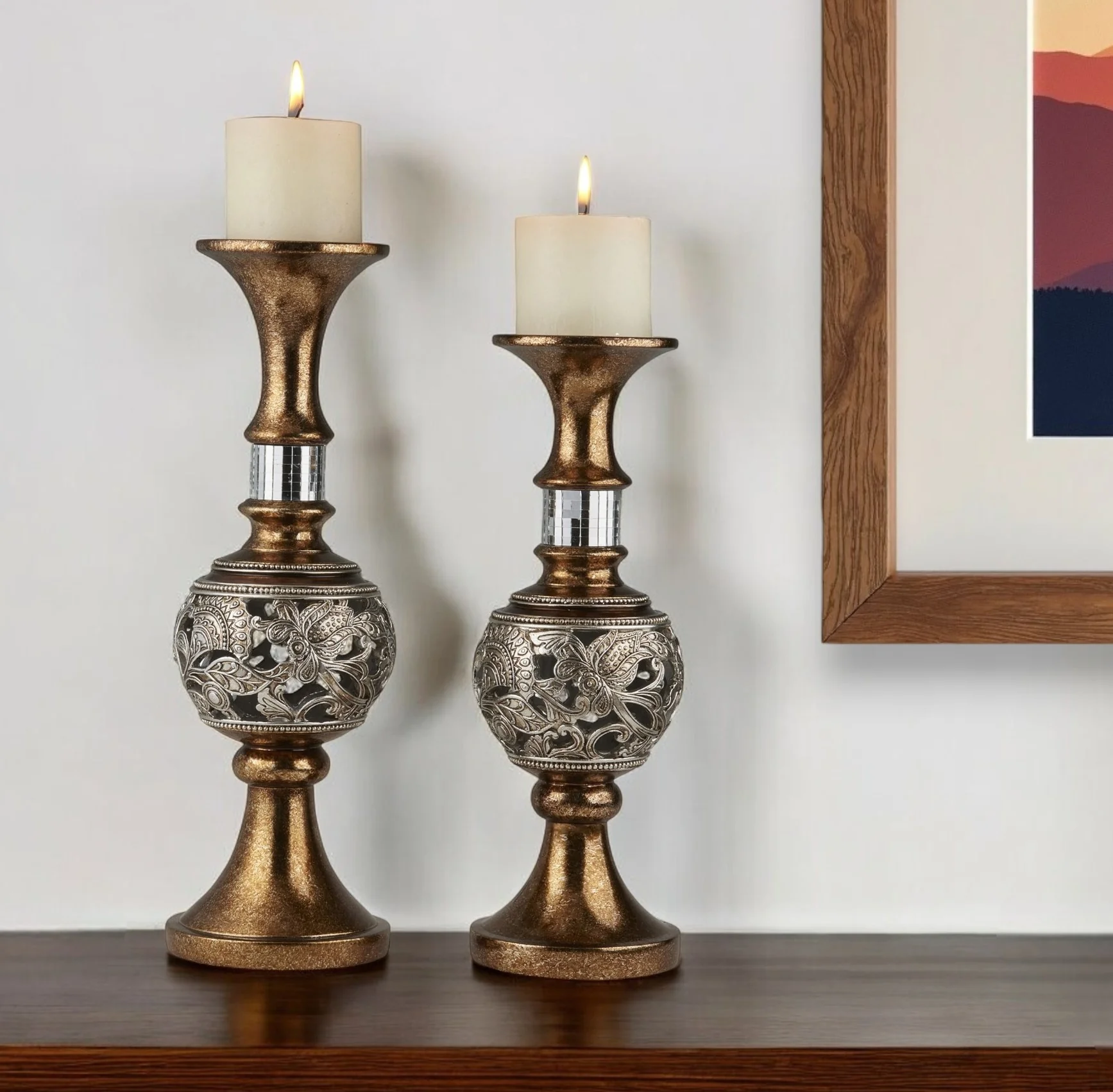 Set of Two Gold and Silver Polyresin Filigree Centerpiece Pillar Candle Holders With Candle By Homeroots