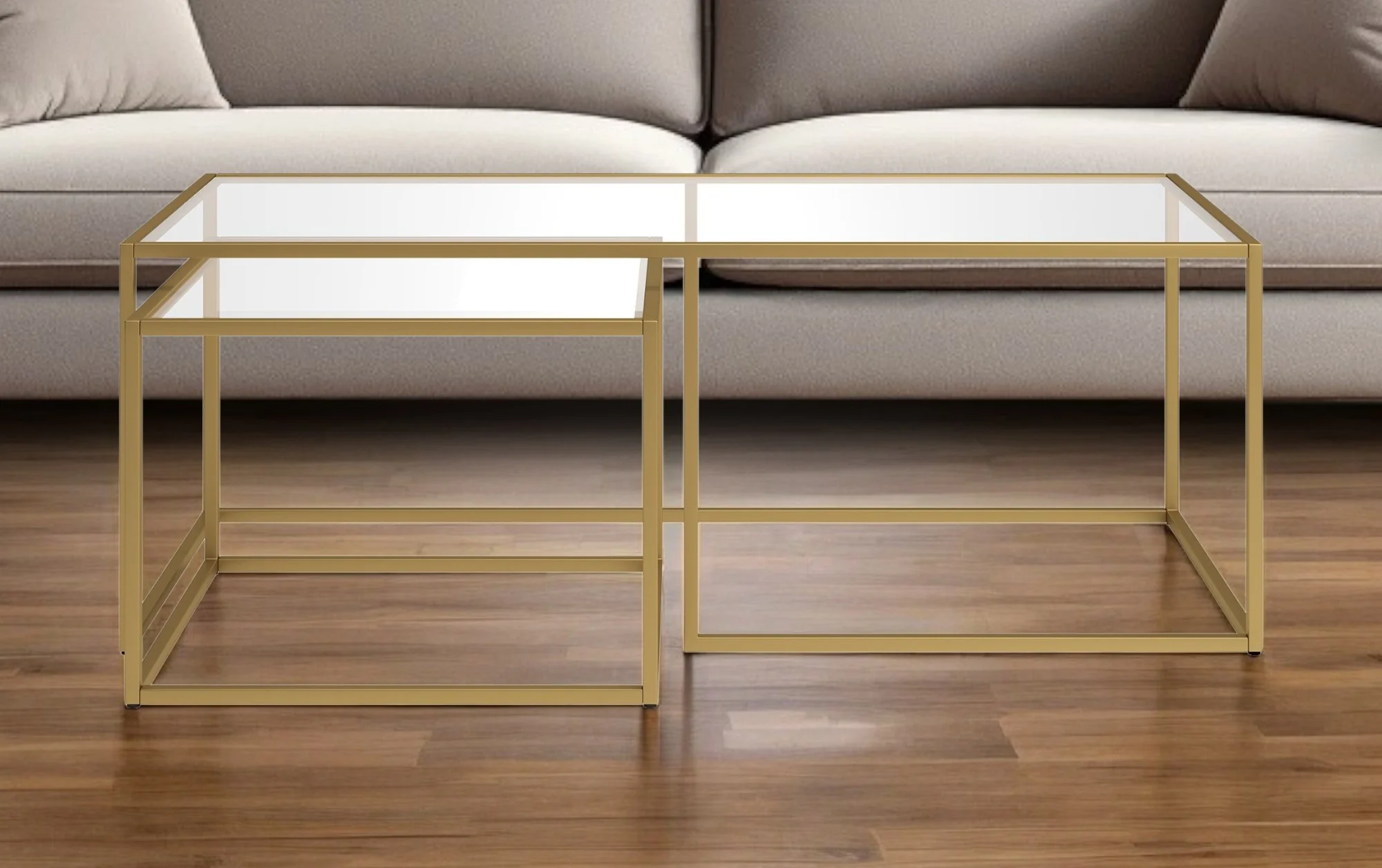 Set of Two Gold Glass And Steel Nested Coffee Tables By Homeroots