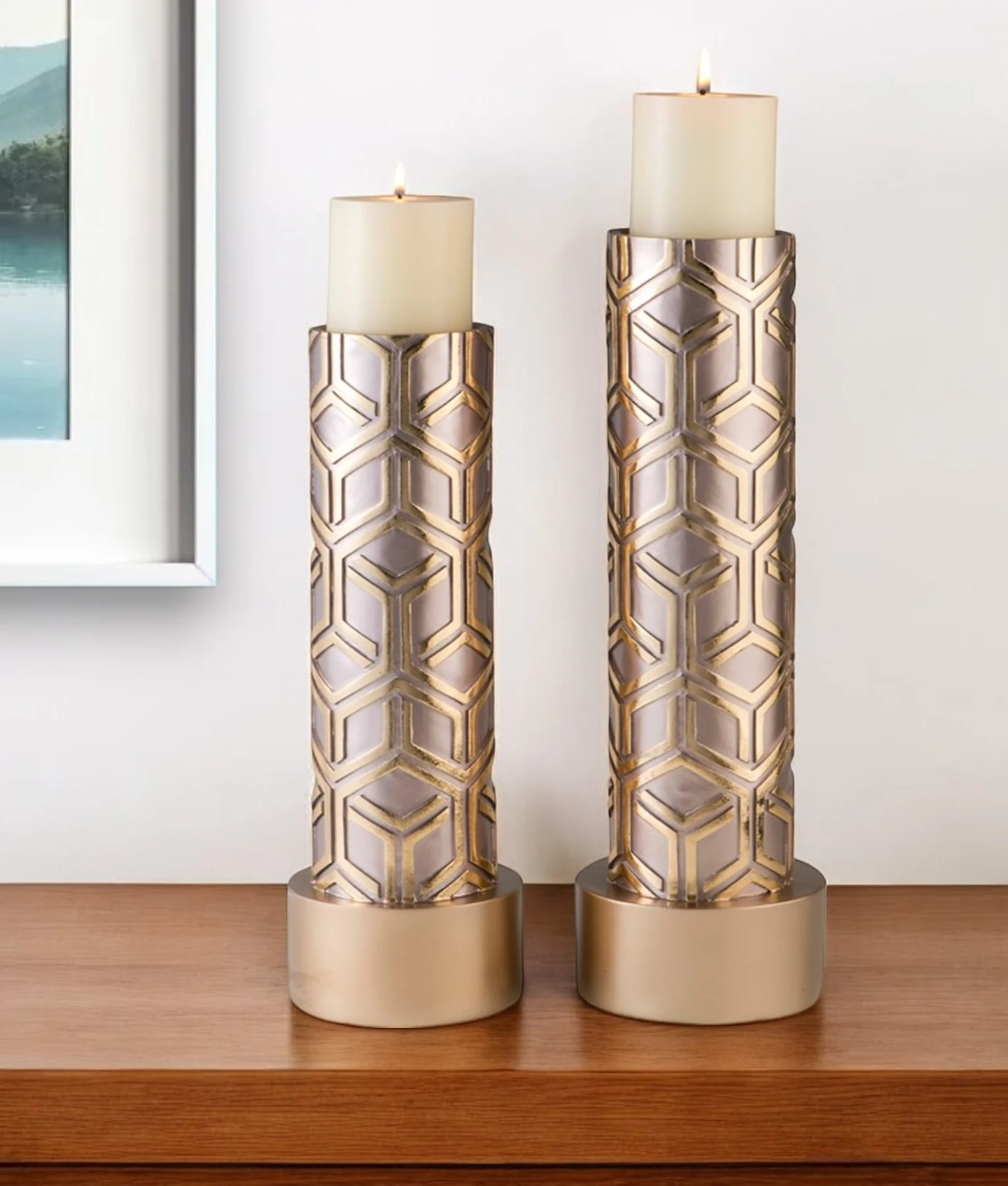 Set Of Two Gold Tabletop Pillar Candle Holders By Homeroots