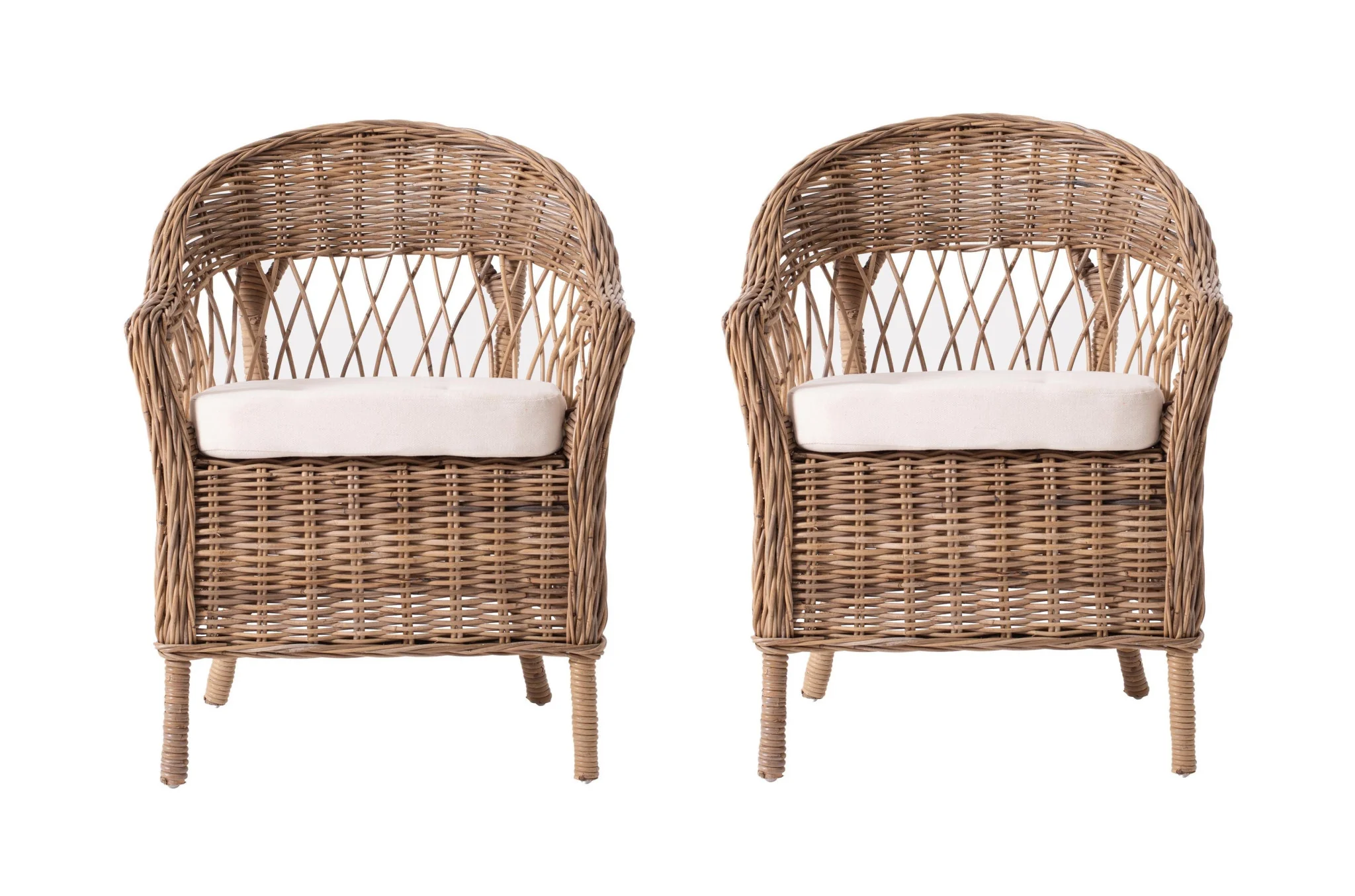Set of Two Gray Brown Semi Circle Back Wicker Chairs with Seat Cushions By Homeroots