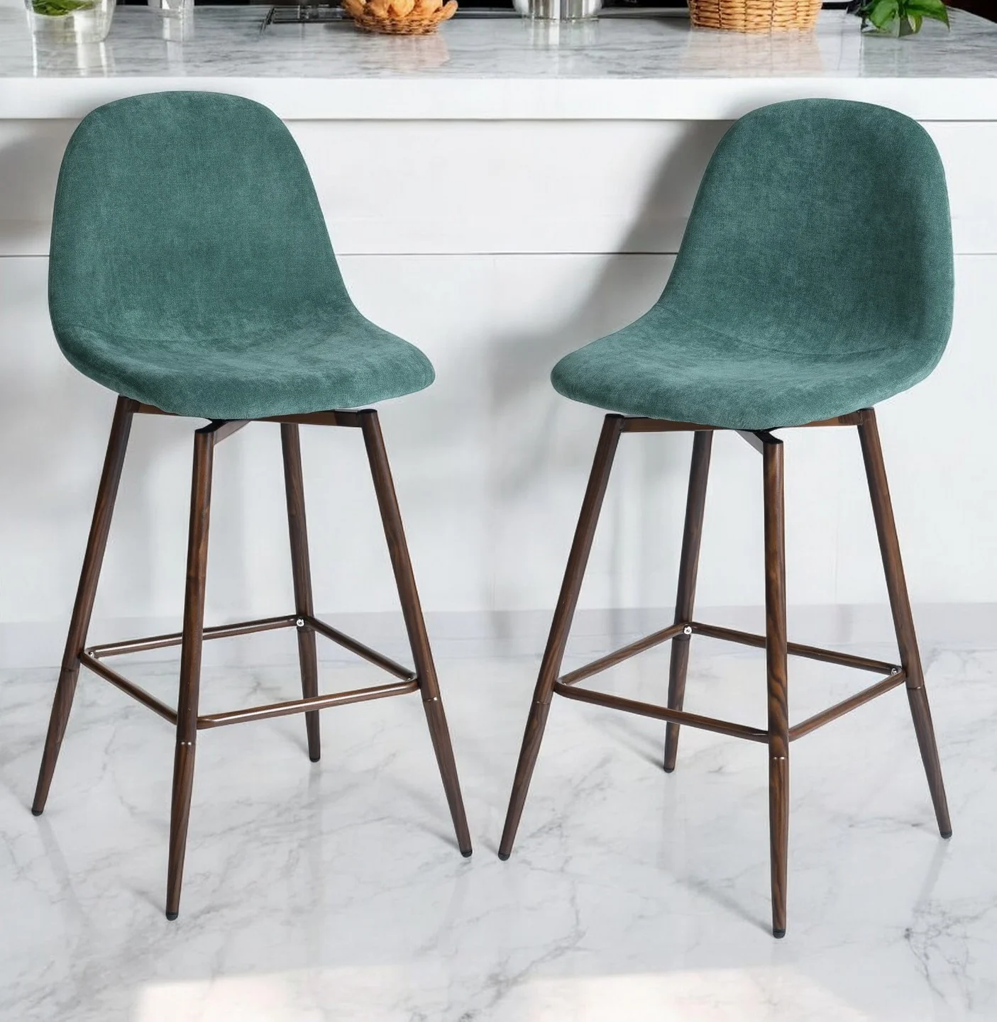 Set of Two Green And Brown Velvet And Steel Counter Height Bar Chairs By Homeroots