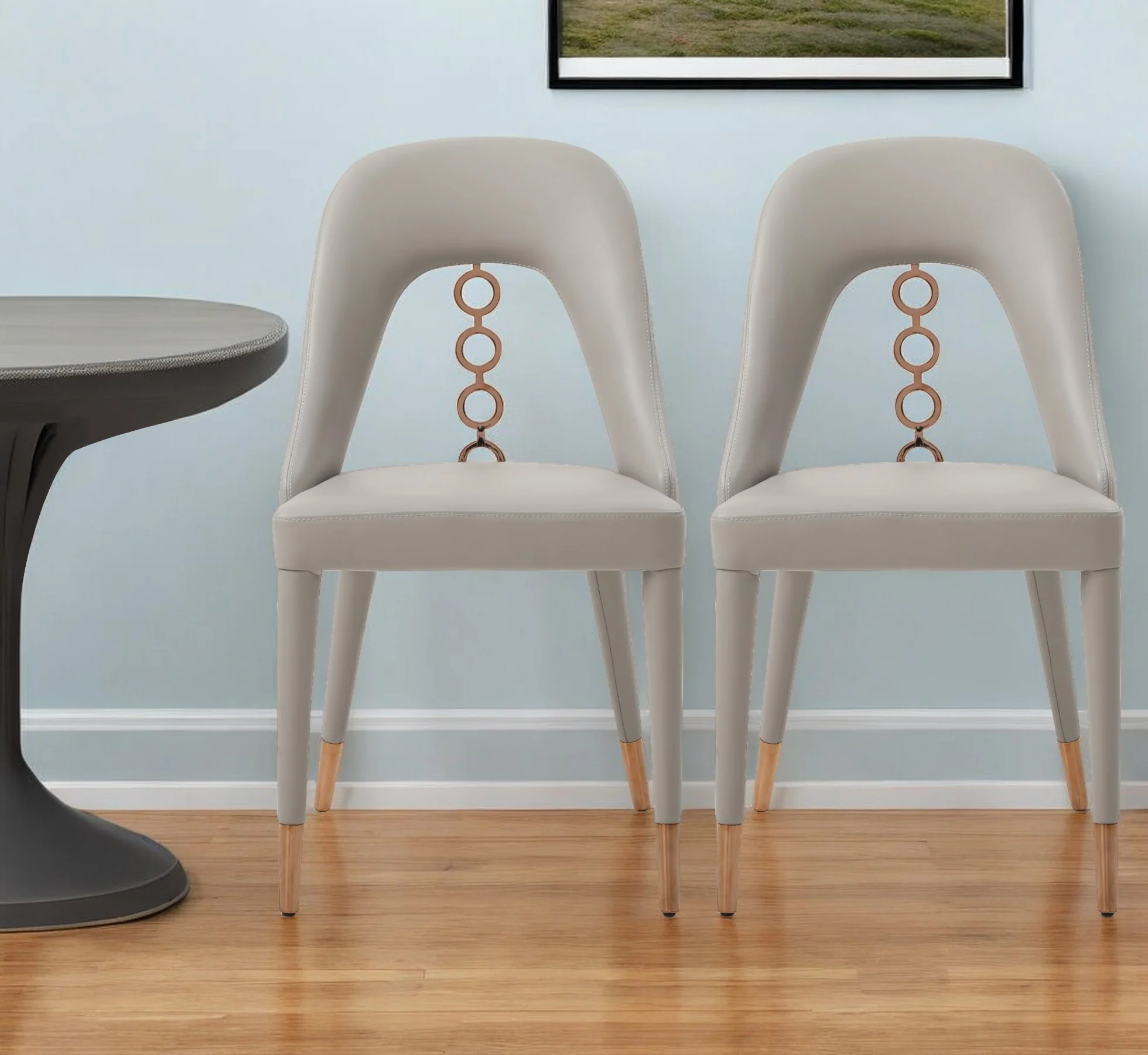 Set of Two Light Gray Faux Leather Dining Side Chairs With Rose Gold Accents By Homeroots